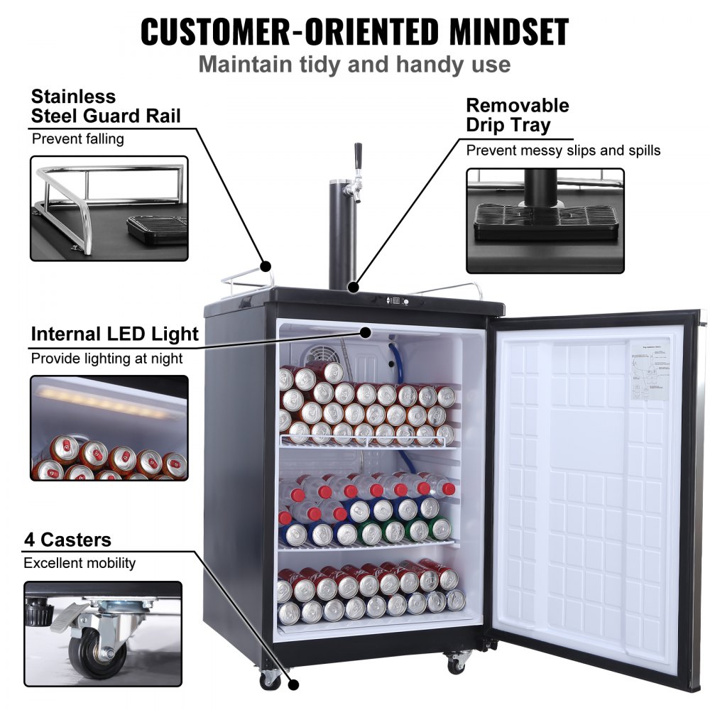 Dispensador de cerveza VEVOR, dispensador de cerveza de barril de un solo grifo, refrigerador de barril de tamaño completo con estantes, cilindro de CO2, bandeja y riel de goteo, control de temperatura de 0 °C a 24 °C, capacidad para barriles de 0,6, 0,7 y 0,5 litros, plateado