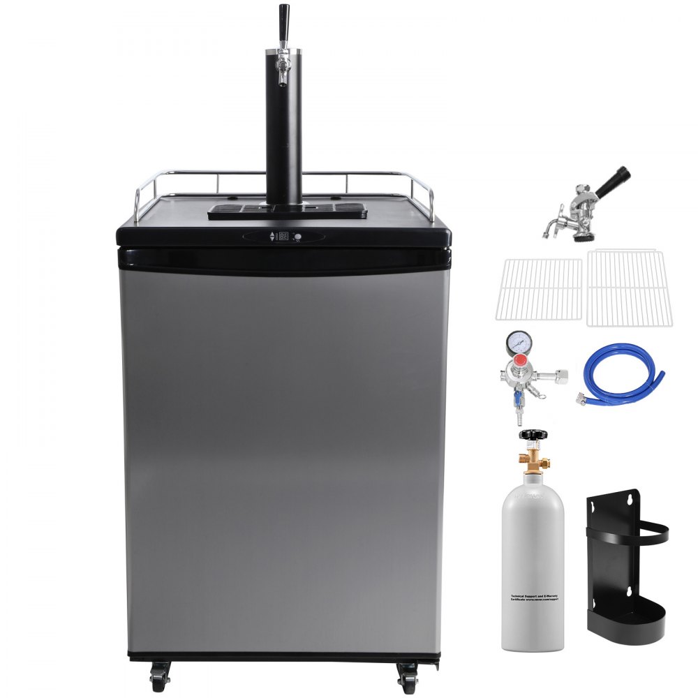 Dispensador de cerveza VEVOR, dispensador de cerveza de barril de un solo grifo, refrigerador de barril de tamaño completo con estantes, cilindro de CO2, bandeja y riel de goteo, control de temperatura de 0 °C a 24 °C, capacidad para barriles de 0,6, 0,7 y 0,5 litros, plateado
