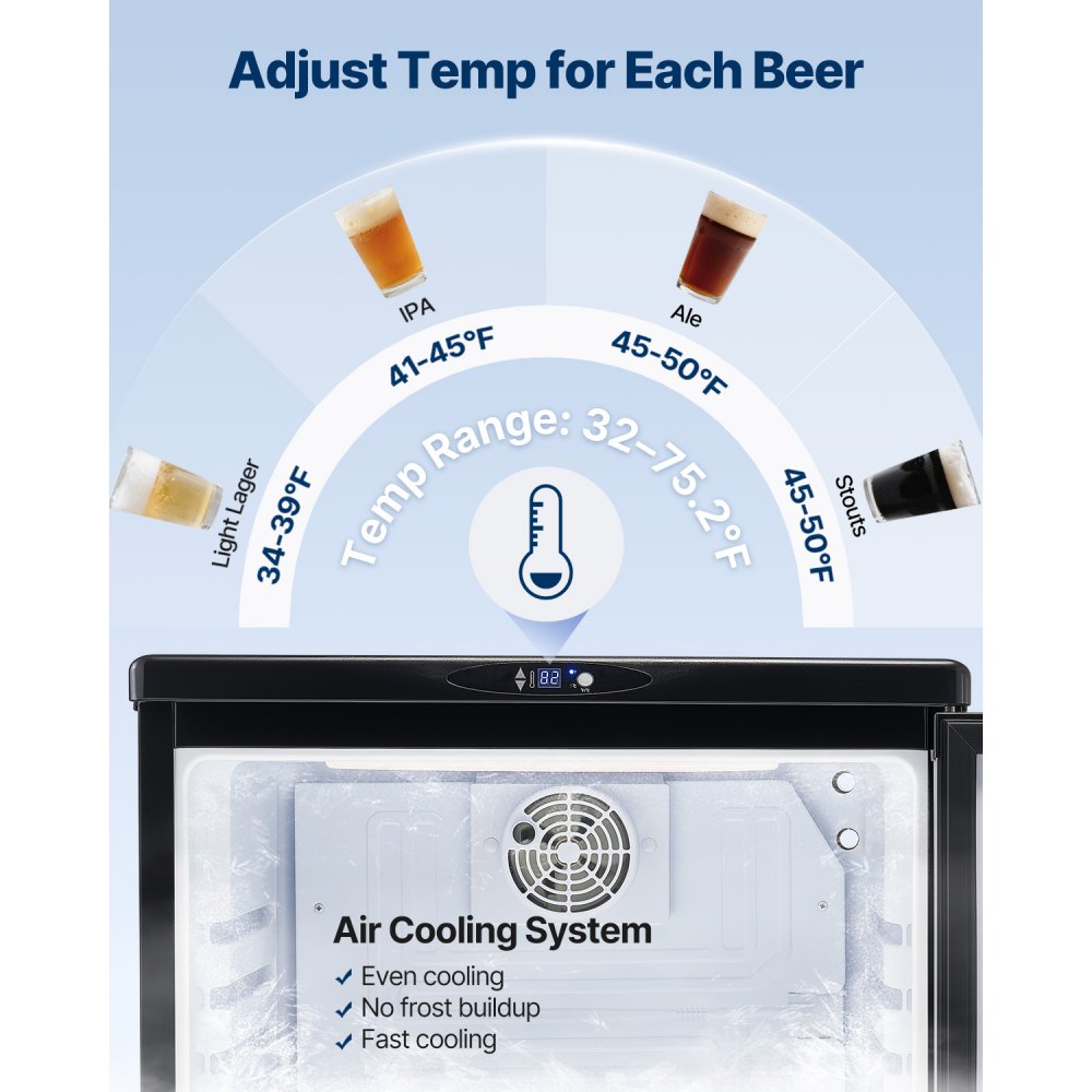 Dispensador de cerveza VEVOR, dispensador de cerveza de barril de un solo grifo, refrigerador de barril de tamaño completo con estantes, cilindro de CO2, bandeja y riel de goteo, control de temperatura de 0 °C a 24 °C, capacidad para barriles de 0,6, 0,7 y 0,5 litros, plateado