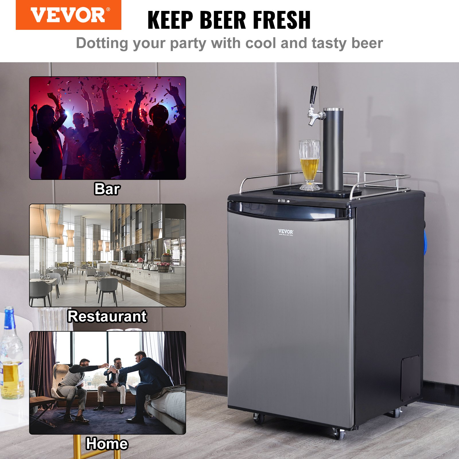 Dispensador de cerveza VEVOR, dispensador de cerveza de barril de un solo grifo, refrigerador de barril de tamaño completo con estantes, cilindro de CO2, bandeja y riel de goteo, control de temperatura de 0 °C a 24 °C, capacidad para barriles de 0,6, 0,7 y 0,5 litros, plateado