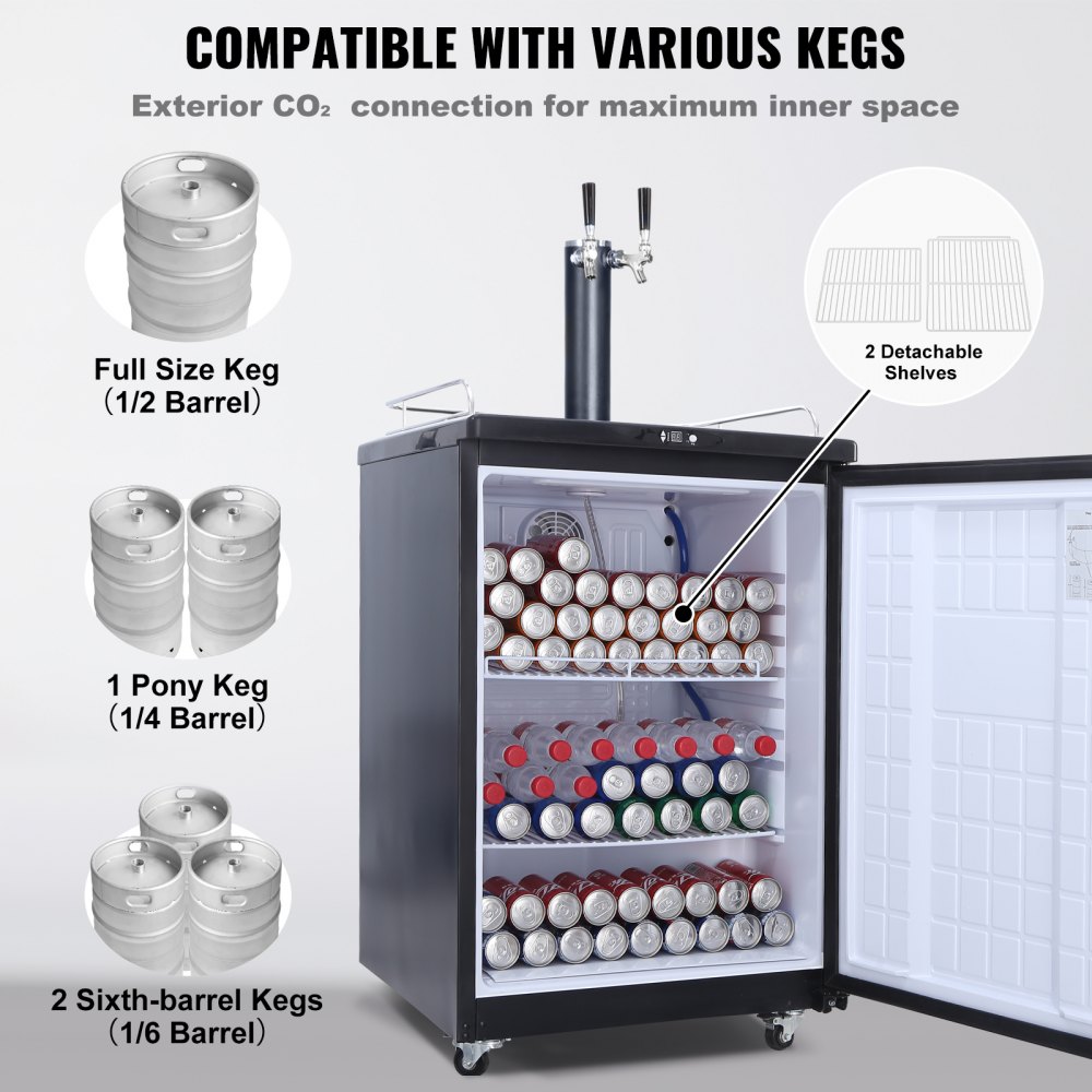 VEVOR Kegerator de cerveza, dispensador de cerveza de barril de doble grifo, refrigerador de barril de tamaño completo con estantes, cilindro de CO2, bandeja de goteo y riel, control de temperatura de