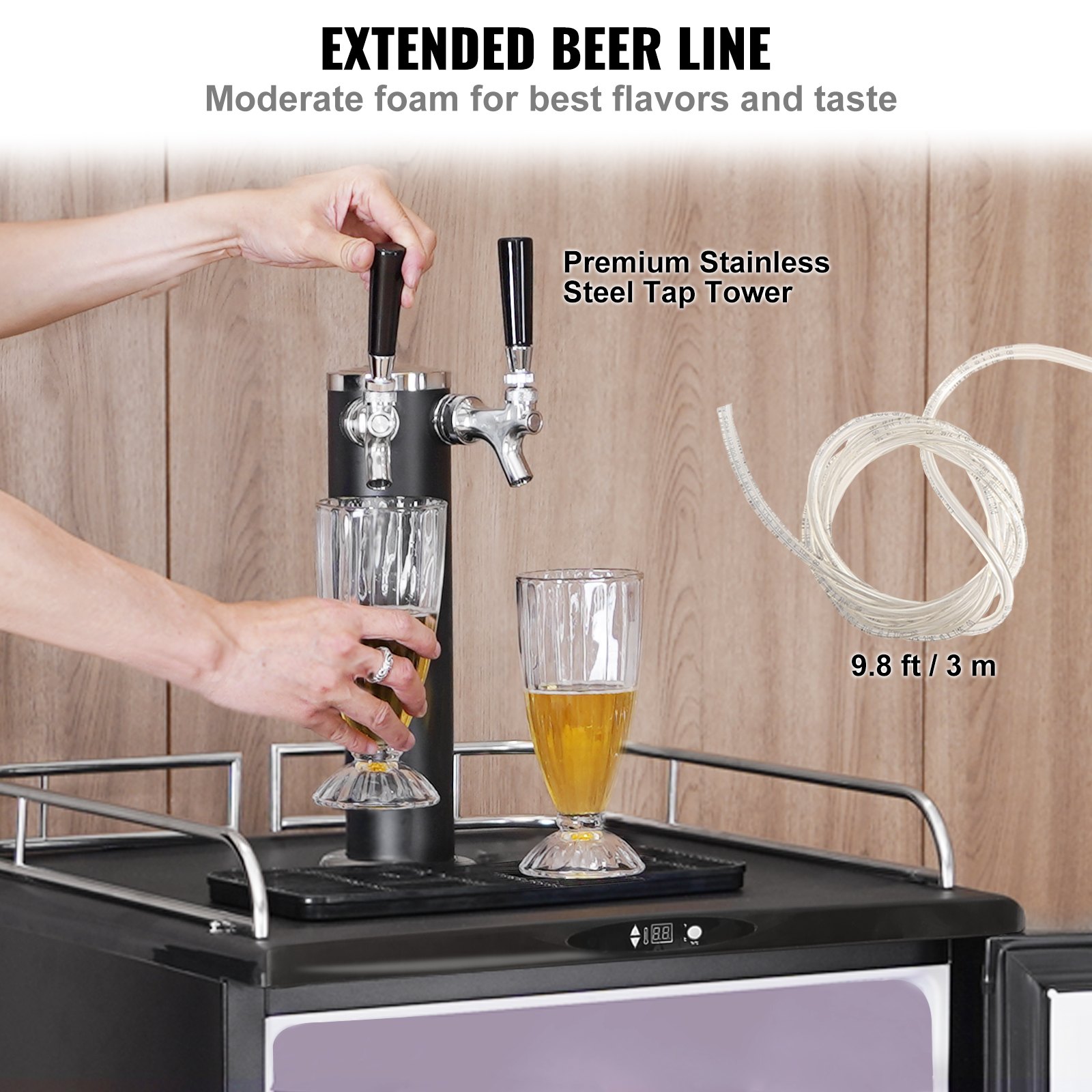 VEVOR Kegerator de cerveza, dispensador de cerveza de barril de doble grifo, refrigerador de barril de tamaño completo con estantes, cilindro de CO2, bandeja de goteo y riel, control de temperatura de