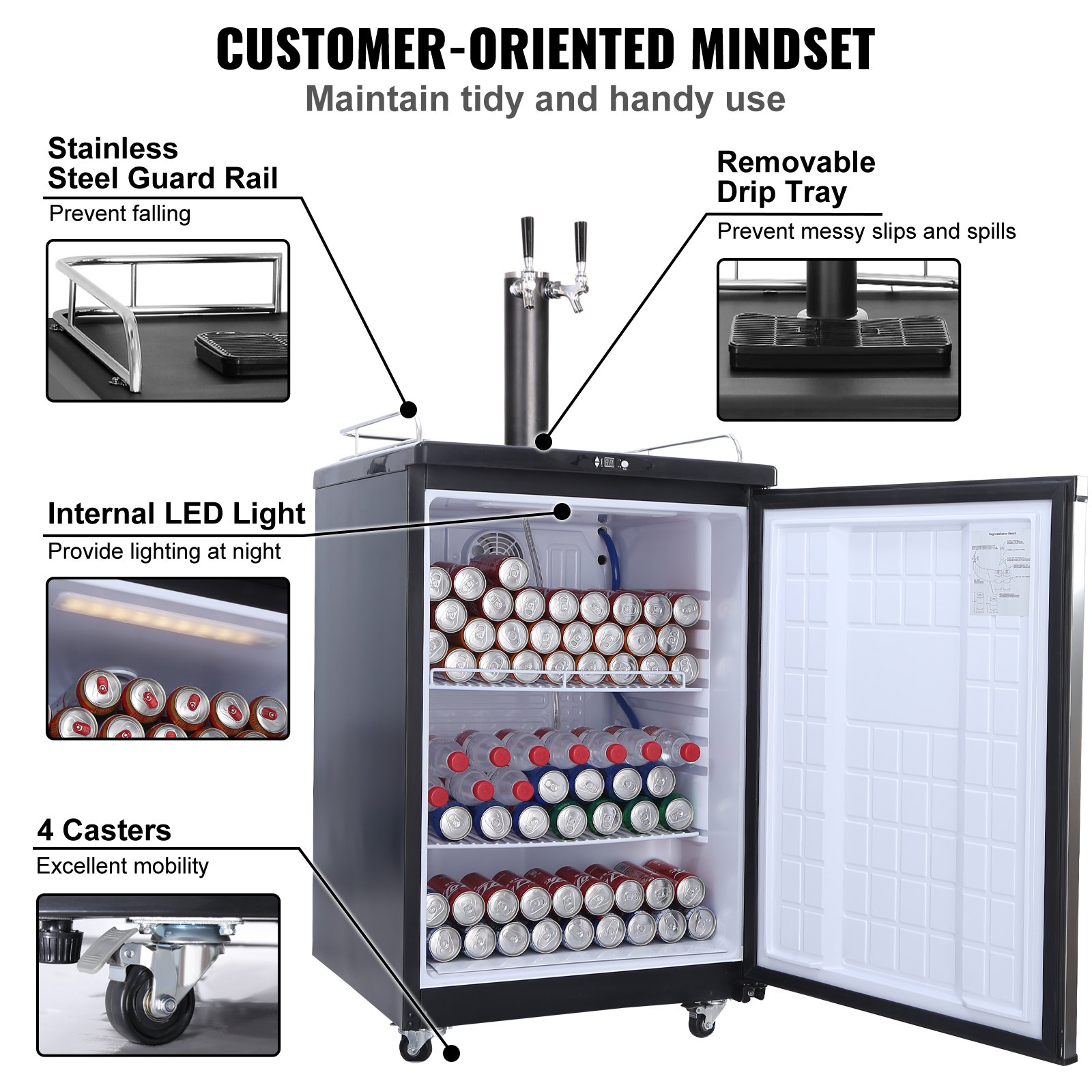 VEVOR Kegerator de cerveza, dispensador de cerveza de barril de doble grifo, refrigerador de barril de tamaño completo con estantes, cilindro de CO2, bandeja de goteo y riel, control de temperatura de