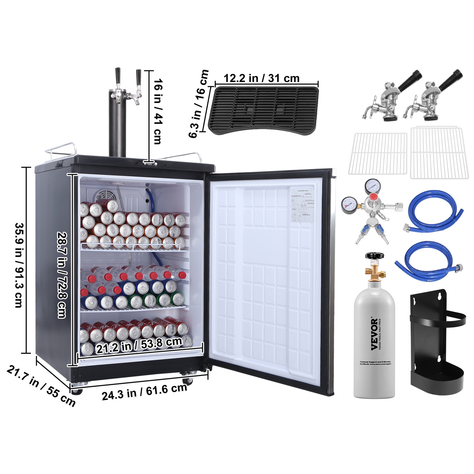 VEVOR Kegerator de cerveza, dispensador de cerveza de barril de doble grifo, refrigerador de barril de tamaño completo con estantes, cilindro de CO2, bandeja de goteo y riel, control de temperatura de