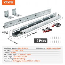 VEVOR 10 pares de rieles de montaje lateral inferior de cajón de 21 pulgadas, riel de acero de extensión con rodamiento de bolas completo resistente, guía silenciosa de cierre suave, guías deslizantes para gabinete de cocina con mecanismo de bloqueo, 100 libras