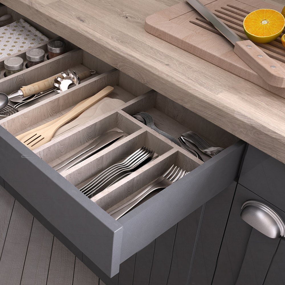 Cajón de cocina con organizador de cubiertos, con cuchillos, tenedores, cucharas y herramientas de cocina en las guías de cajón de VEVOR.