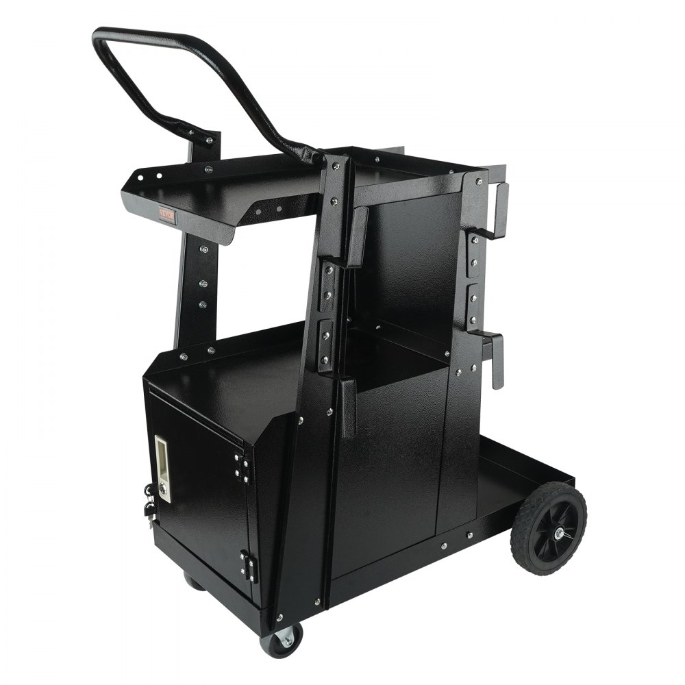 Carro de soldadura VEVOR, carro de soldadura resistente de 2 niveles con gabinete con cerradura antirrobo, capacidad de peso de 265LBS, ruedas giratorias de 360°, cadenas de seguridad de almacenamiento de tanque, gabinete de soldadura para TIG, ARC, cortador de plasma