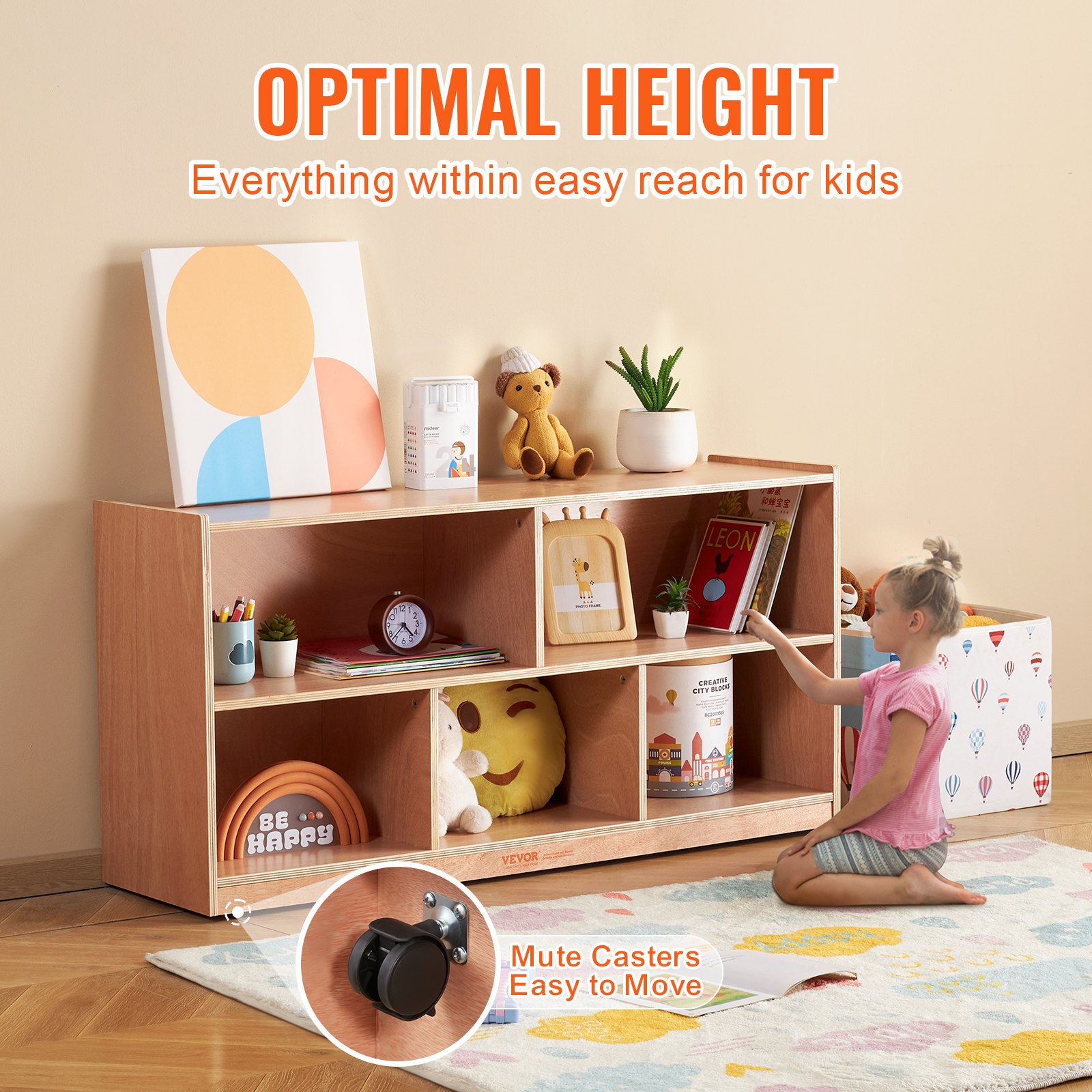 VEVOR Cubby - Armario de almacenamiento con bandeja móvil, 5 compartimentos, 2 estantes, cubículos para aulas, muebles para el hogar, guarderías y preescolares, color natural