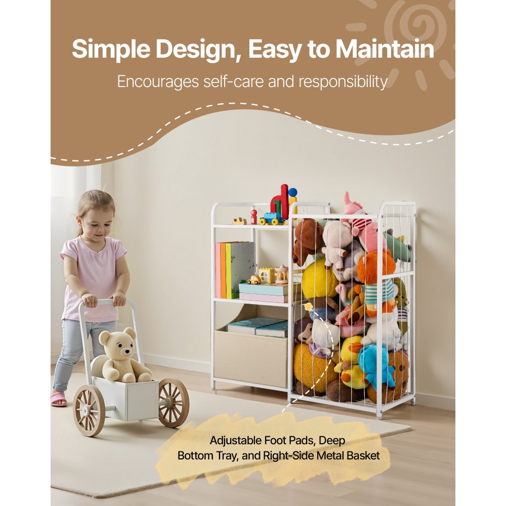 Estantería infantil VEVOR con espacio para guardar peluches, organizador de juguetes, estantería de 2 niveles con baúl de tela para juguetes, ideal para habitación infantil, sala de estar, entrada, guardería, preescolar, color blanco.