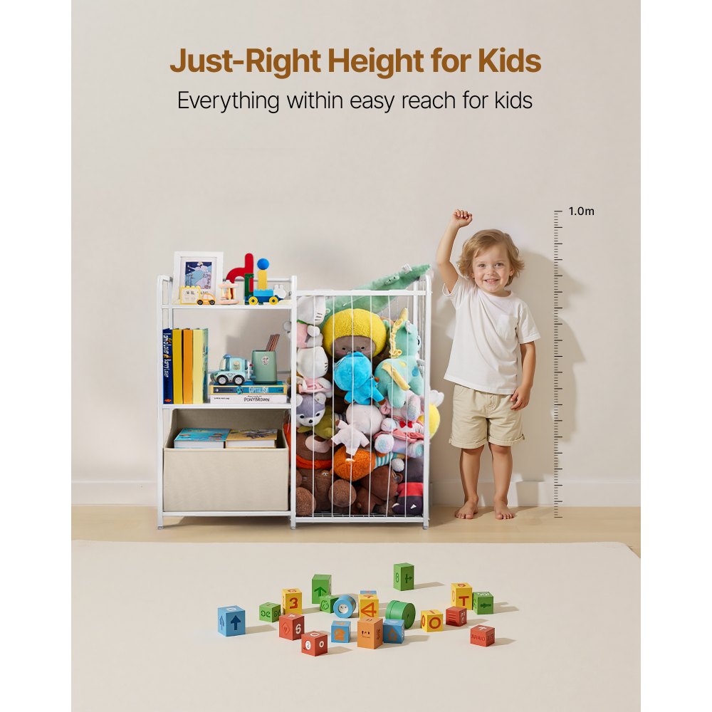 Estantería infantil VEVOR con espacio para guardar peluches, organizador de juguetes, estantería de 2 niveles con baúl de tela para juguetes, ideal para habitación infantil, sala de estar, entrada, guardería, preescolar, color blanco.
