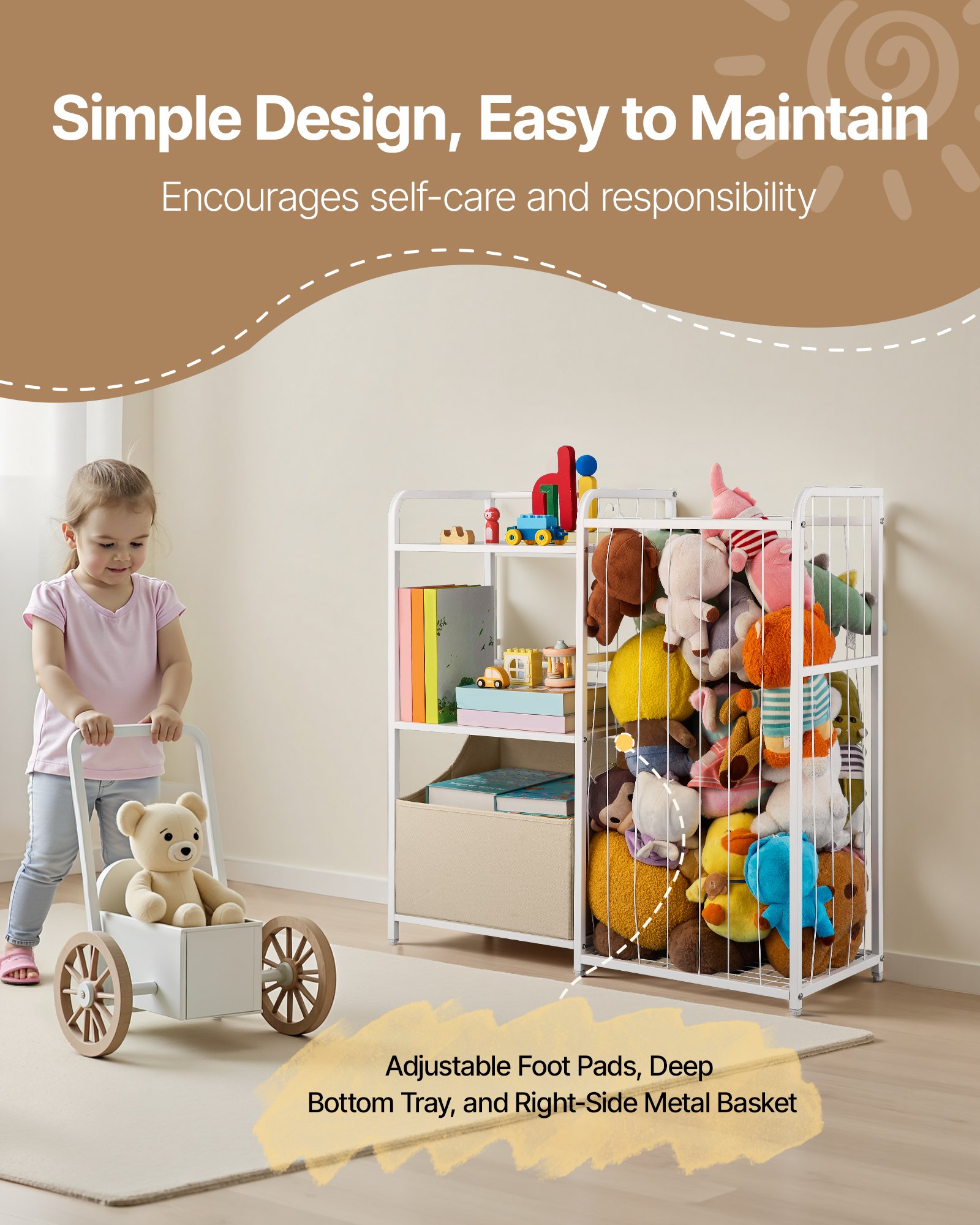 Estantería infantil VEVOR con espacio para guardar peluches, organizador de juguetes, estantería de 2 niveles con baúl de tela para juguetes, ideal para habitación infantil, sala de estar, entrada, guardería, preescolar, color blanco.
