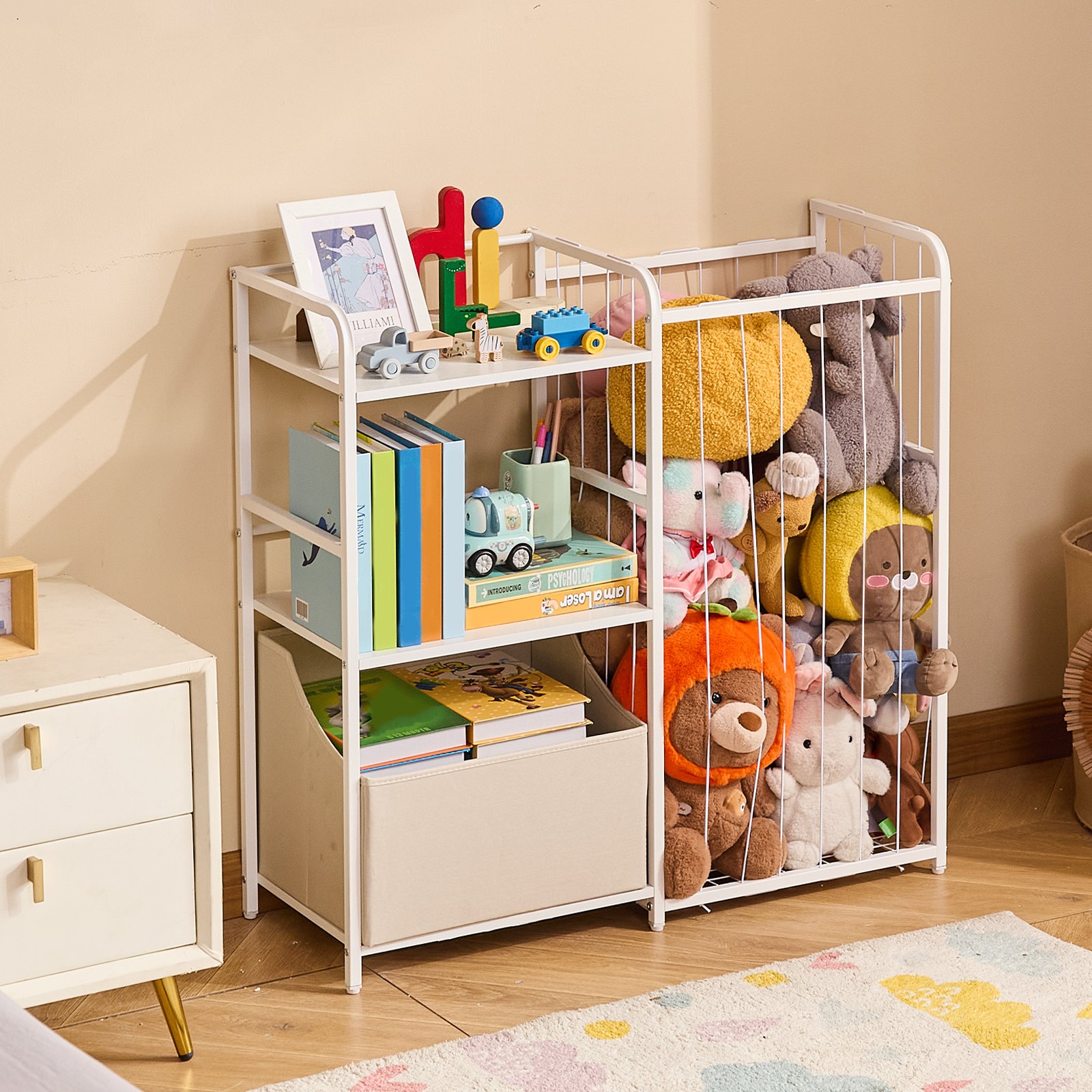 Estantería infantil VEVOR con espacio para guardar peluches, organizador de juguetes, estantería de 2 niveles con baúl de tela para juguetes, ideal para habitación infantil, sala de estar, entrada, guardería, preescolar, color blanco.