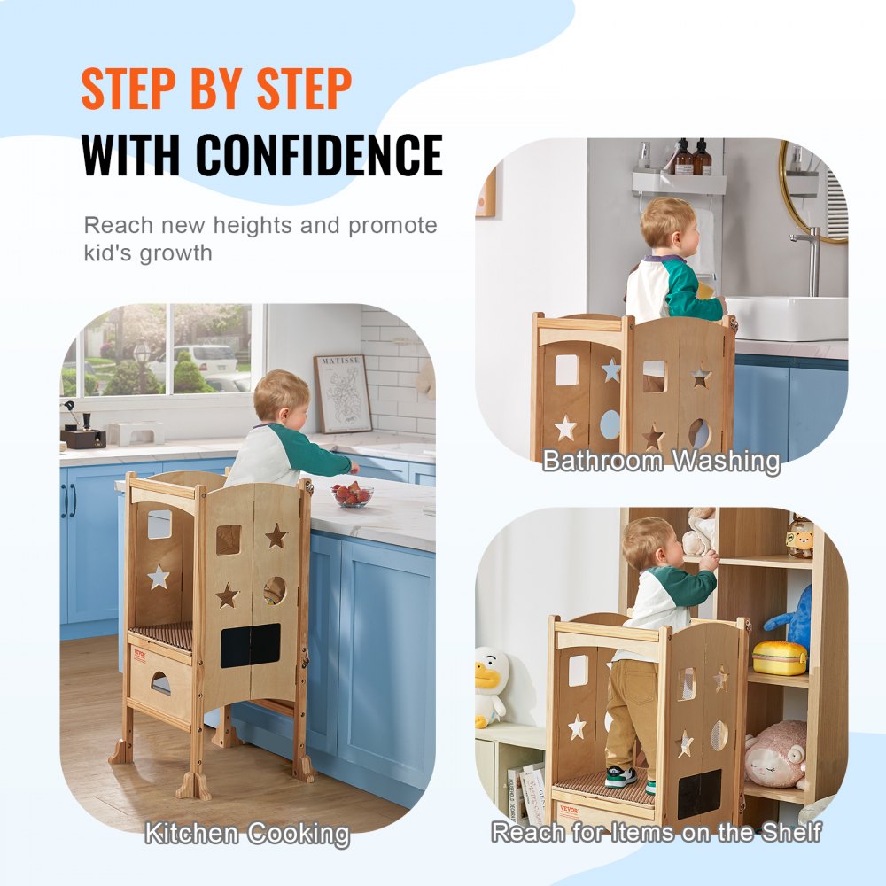 VEVOR Taburete de torre, taburete de cocina plegable para niños pequeños, taburetes de altura ajustable de 3 niveles con red de seguridad, taburete de aprendizaje de torre de madera maciza para niños para cocina, dormitorio, baño