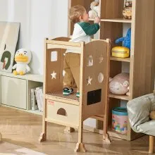 VEVOR Taburete de torre, taburete de cocina plegable para niños pequeños, taburetes de altura ajustable de 3 niveles con red de seguridad, taburete de aprendizaje de torre de madera maciza para niños para cocina, dormitorio, baño