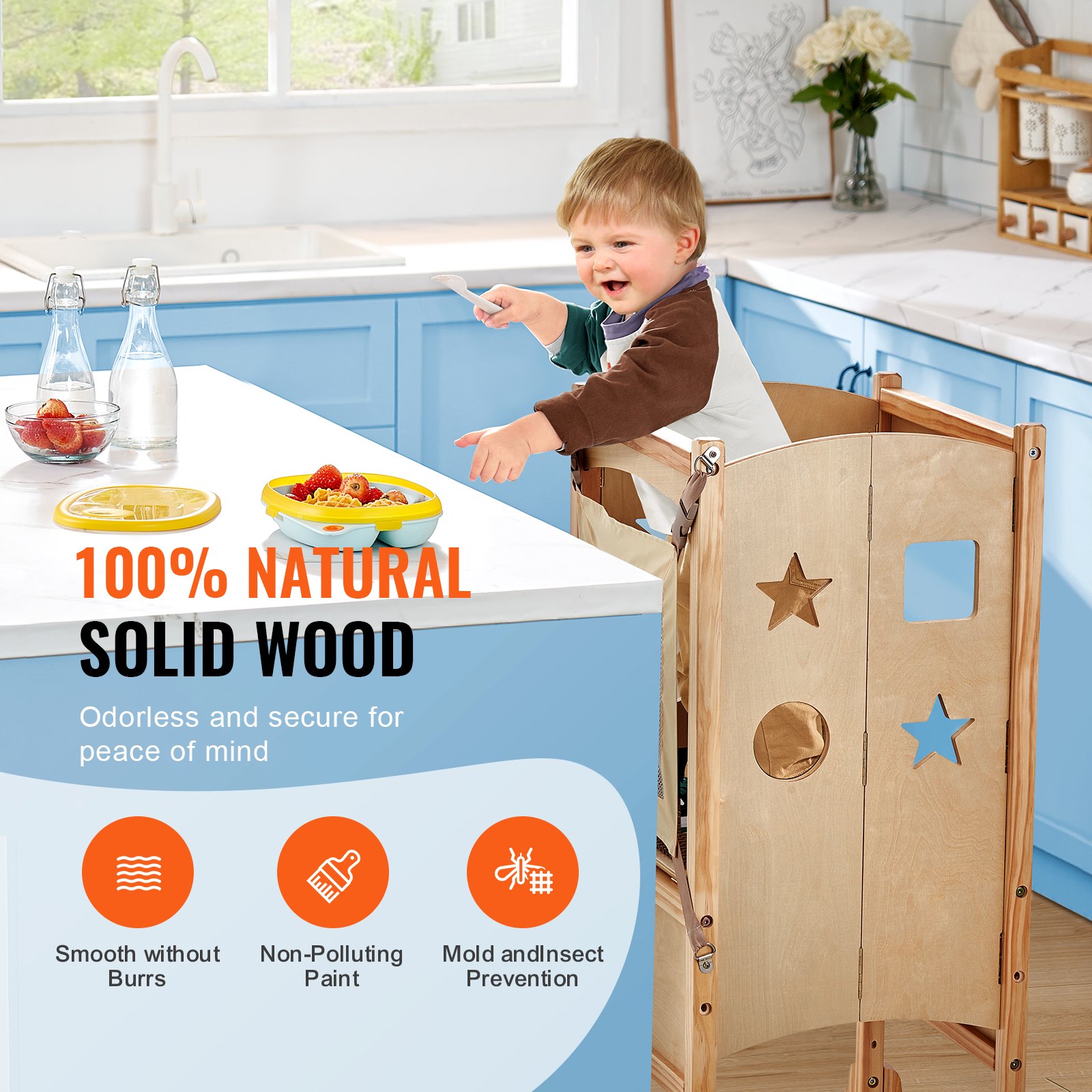 VEVOR Taburete de torre, taburete de cocina plegable para niños pequeños, taburetes de altura ajustable de 3 niveles con red de seguridad, taburete de aprendizaje de torre de madera maciza para niños para cocina, dormitorio, baño