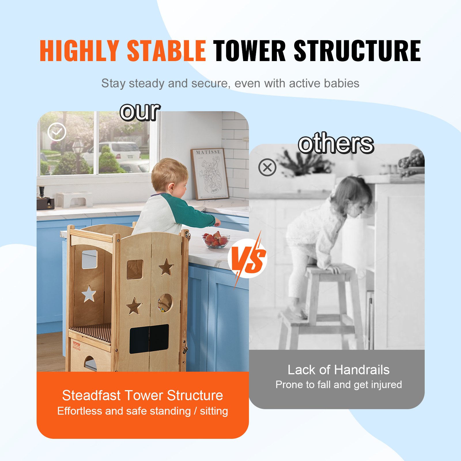 VEVOR Taburete de torre, taburete de cocina plegable para niños pequeños, taburetes de altura ajustable de 3 niveles con red de seguridad, taburete de aprendizaje de torre de madera maciza para niños para cocina, dormitorio, baño