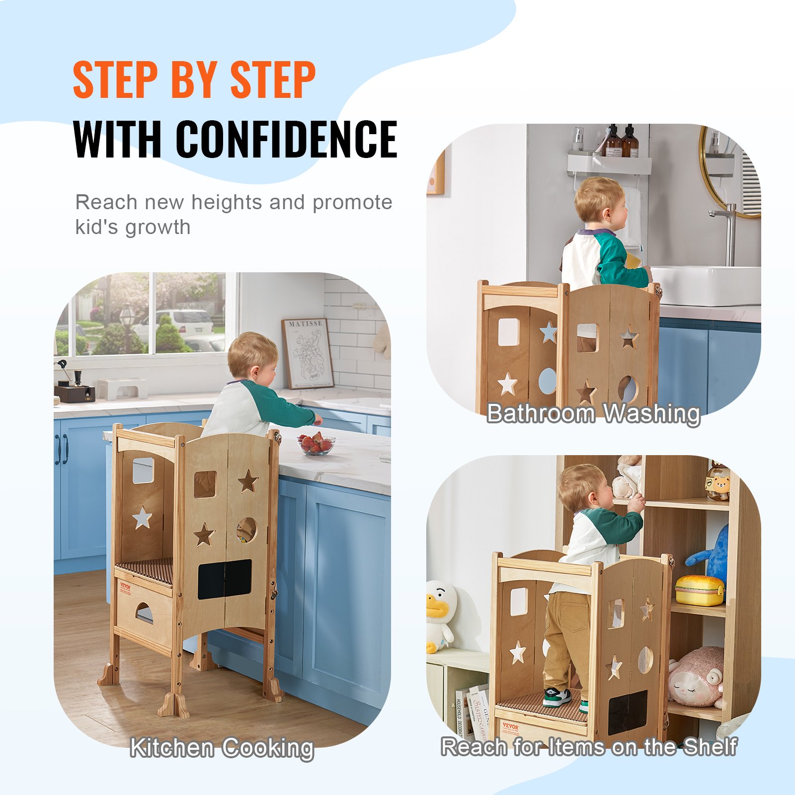 VEVOR Taburete de torre, taburete de cocina plegable para niños pequeños, taburetes de altura ajustable de 3 niveles con red de seguridad, taburete de aprendizaje de torre de madera maciza para niños para cocina, dormitorio, baño