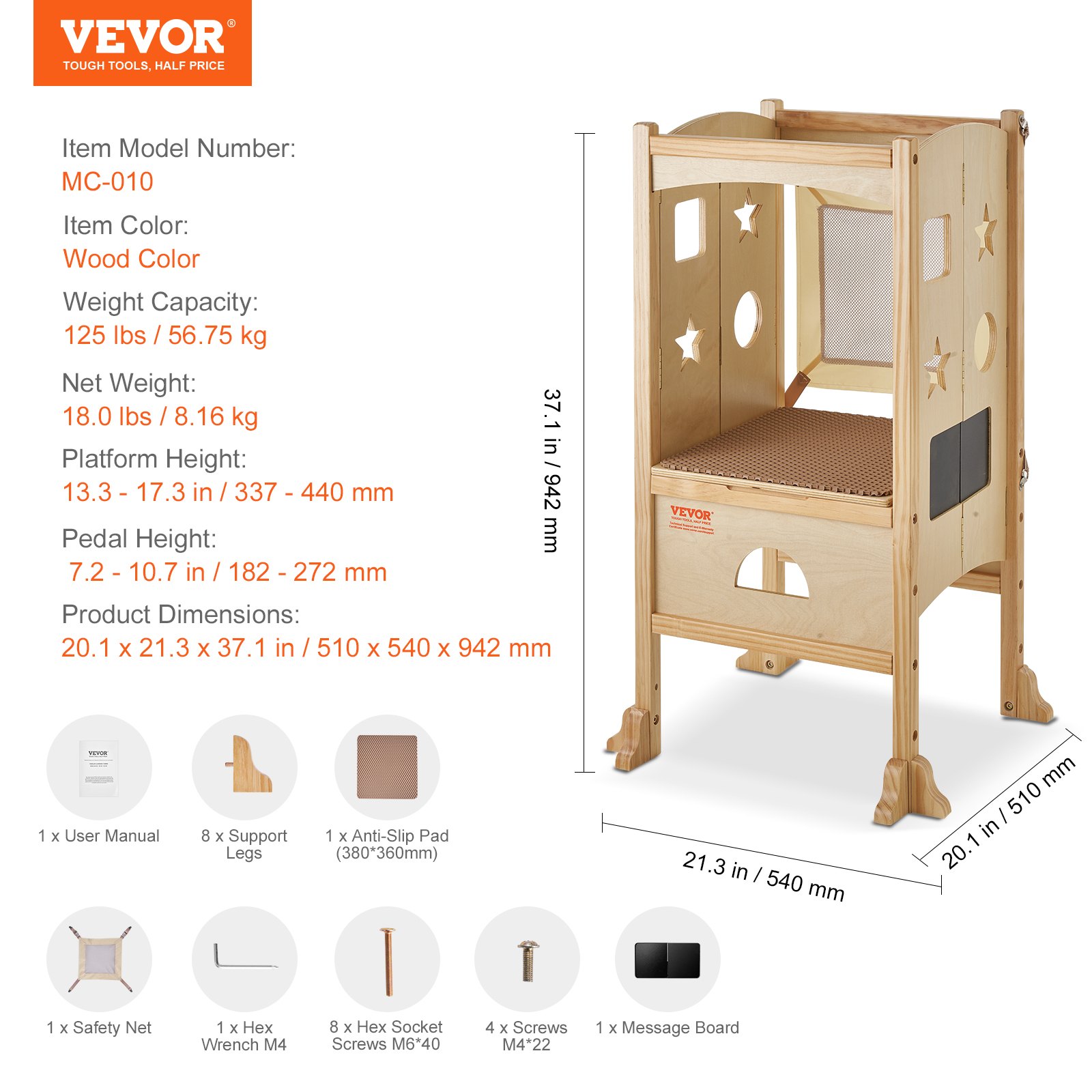VEVOR Taburete de torre, taburete de cocina plegable para niños pequeños, taburetes de altura ajustable de 3 niveles con red de seguridad, taburete de aprendizaje de torre de madera maciza para niños para cocina, dormitorio, baño