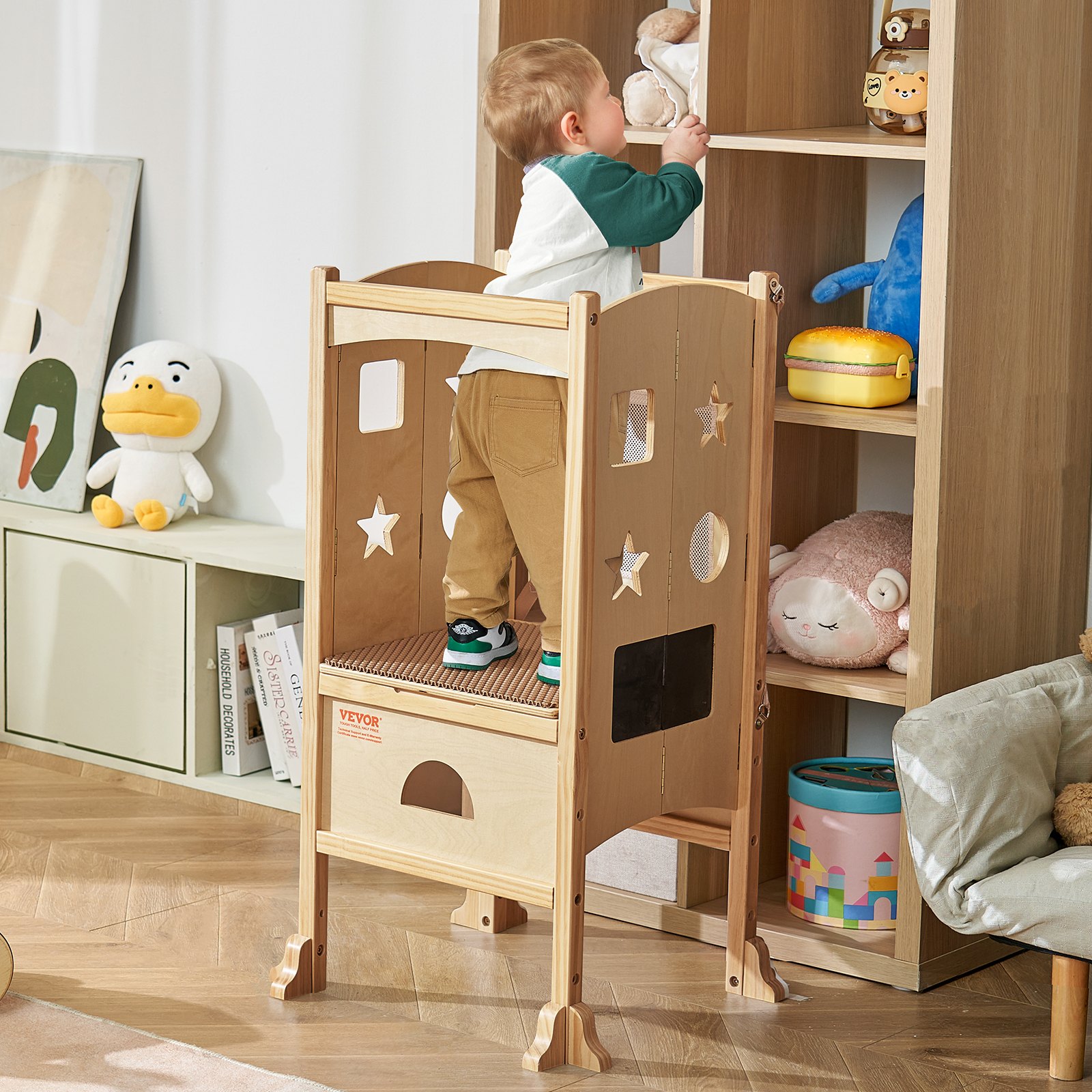 VEVOR Taburete de torre, taburete de cocina plegable para niños pequeños, taburetes de altura ajustable de 3 niveles con red de seguridad, taburete de aprendizaje de torre de madera maciza para niños para cocina, dormitorio, baño