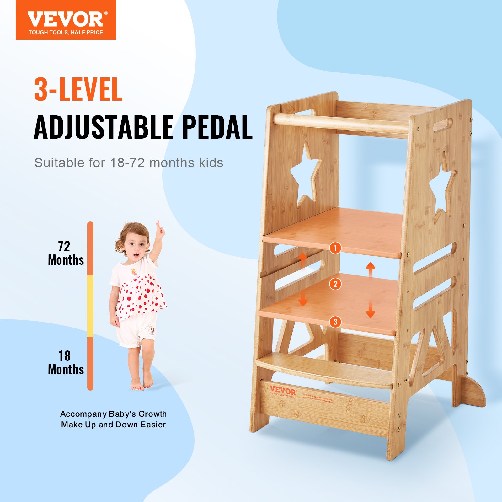 Taburete tipo torre VEVOR con pedal ajustable en 3 niveles para niños de 18 a 72 meses, con recortes de estrellas.