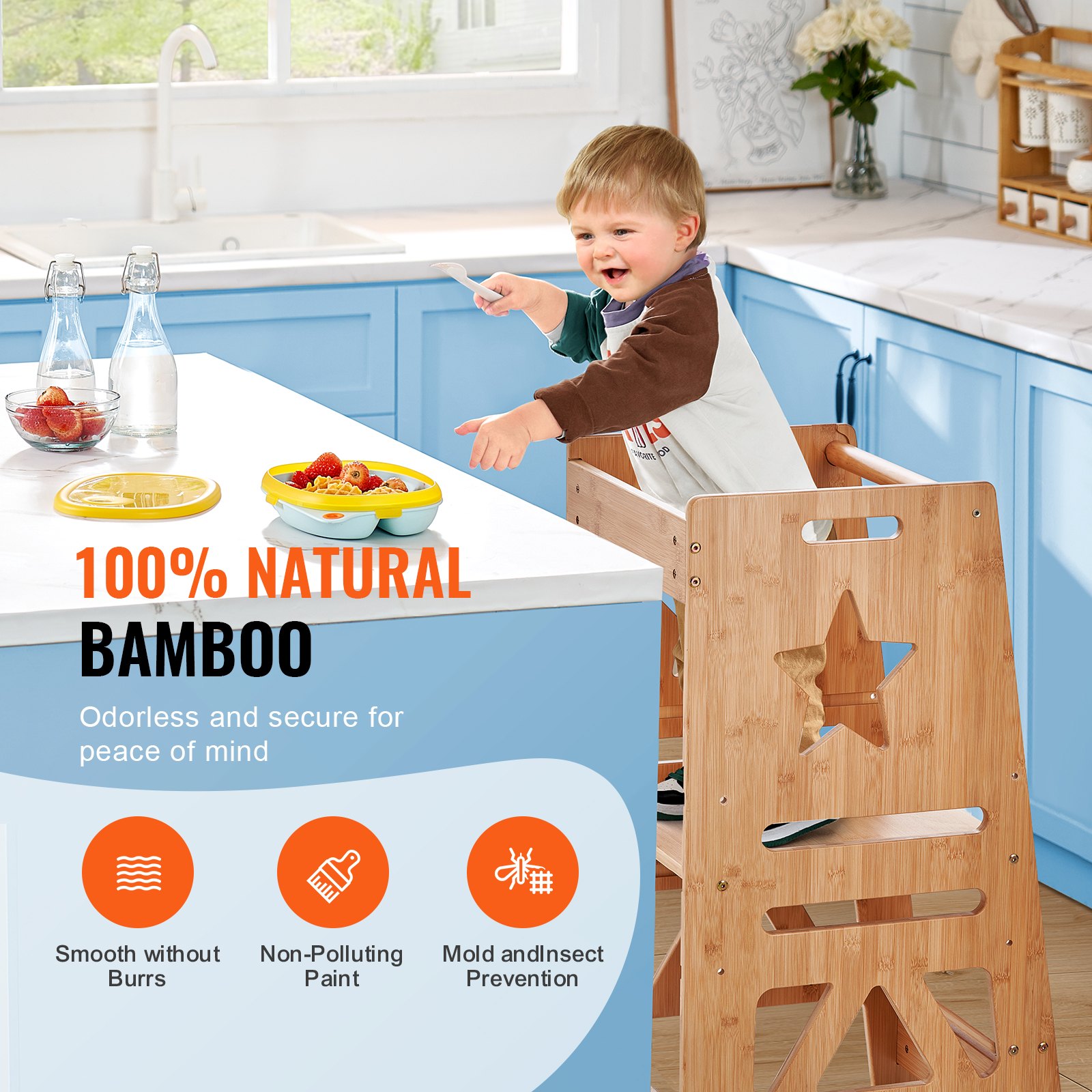 Niño en la cocina usando el taburete de torre VEVOR hecho de bambú natural, destacando beneficios como superficie lisa, pintura no contaminante y prevención de moho.