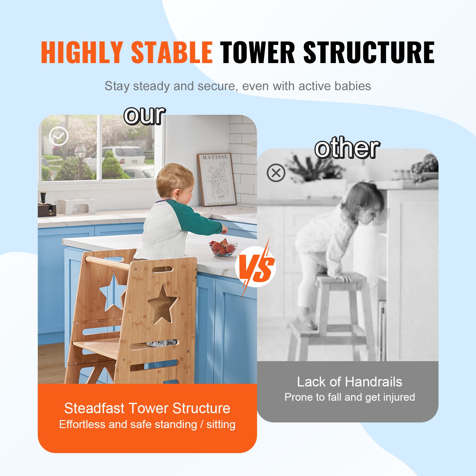El taburete tipo torre VEVOR garantiza una posición estable y segura para los niños con pasamanos de seguridad y un diseño duradero.