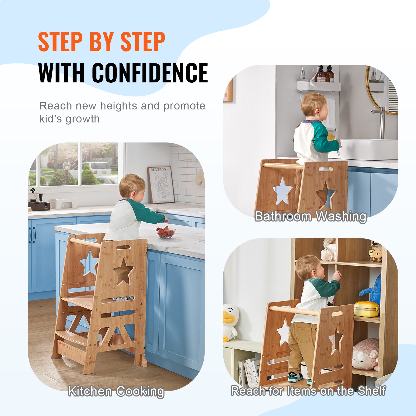 Niño usando el taburete de torre VEVOR en la cocina, el baño y alcanzando artículos del estante.