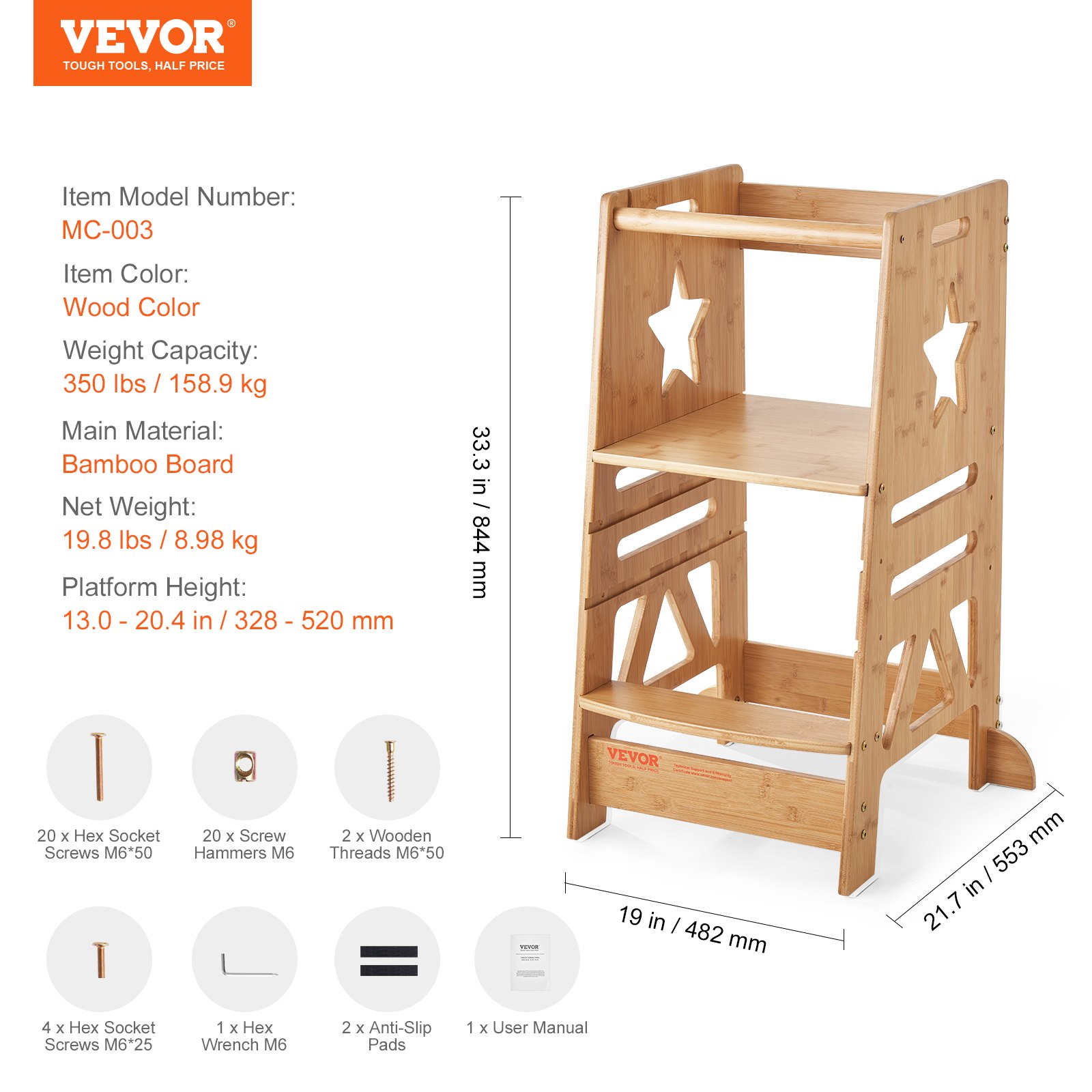 Taburete de torre VEVOR con plataforma de bambú ajustable, capacidad de 350 libras y recortes en forma de estrella.