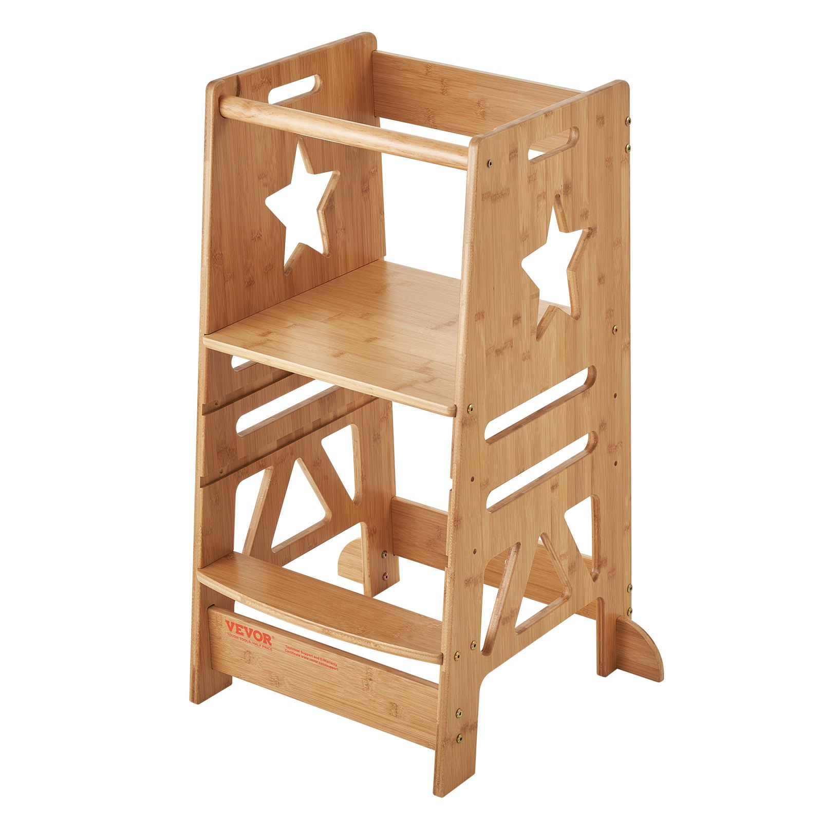 Taburete tipo torre VEVOR, construcción de bambú con recortes de estrellas en los lados y escalón superior desmontable.