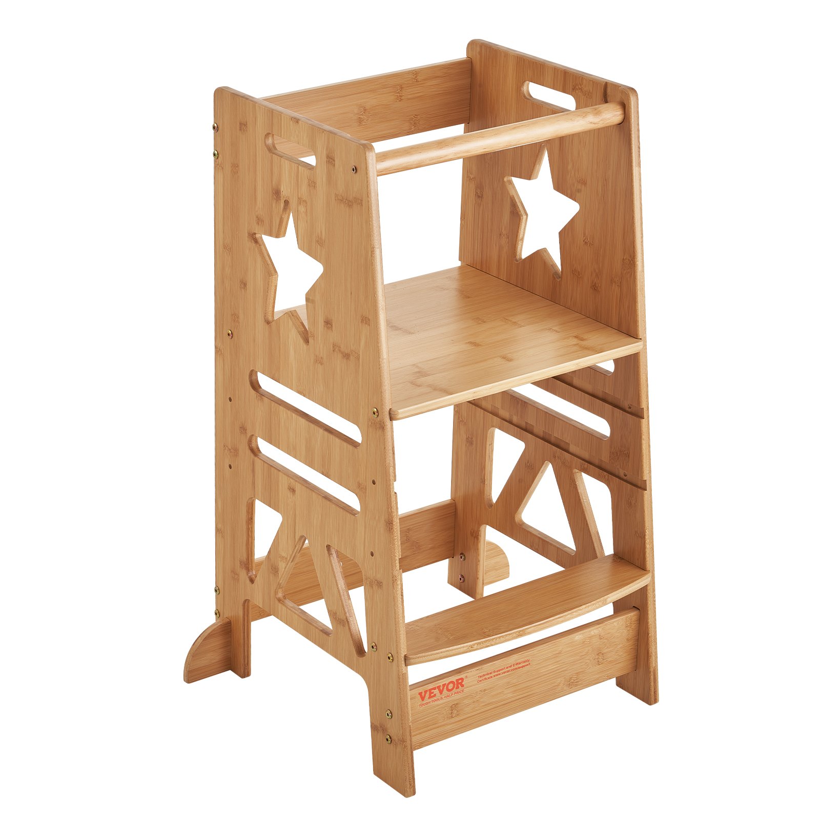 Taburete de torre de bambú VEVOR con recortes en forma de estrella y múltiples escalones.