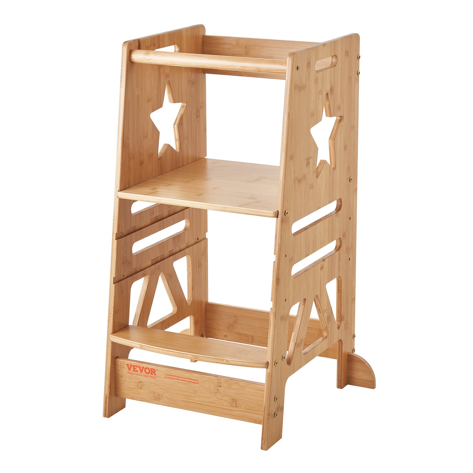 Taburete de torre VEVOR fabricado en madera natural con recortes en forma de estrella y un diseño resistente.