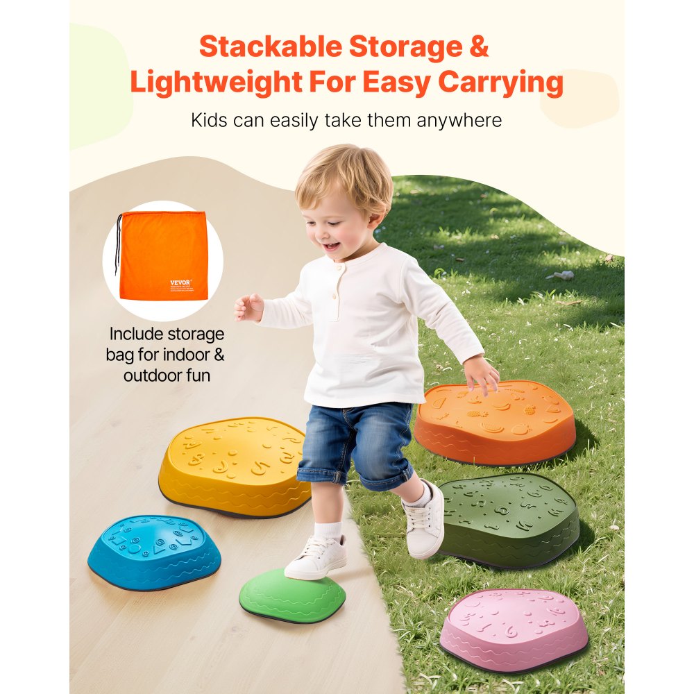 VEVOR - Piedras de equilibrio para niños (6 unidades, hasta 100 kg), antideslizantes, juego de coordinación sensorial para niños pequeños, ideal para interiores y exteriores, para niños de 3, 4, 5, 6, 7 y 8 años en adelante.