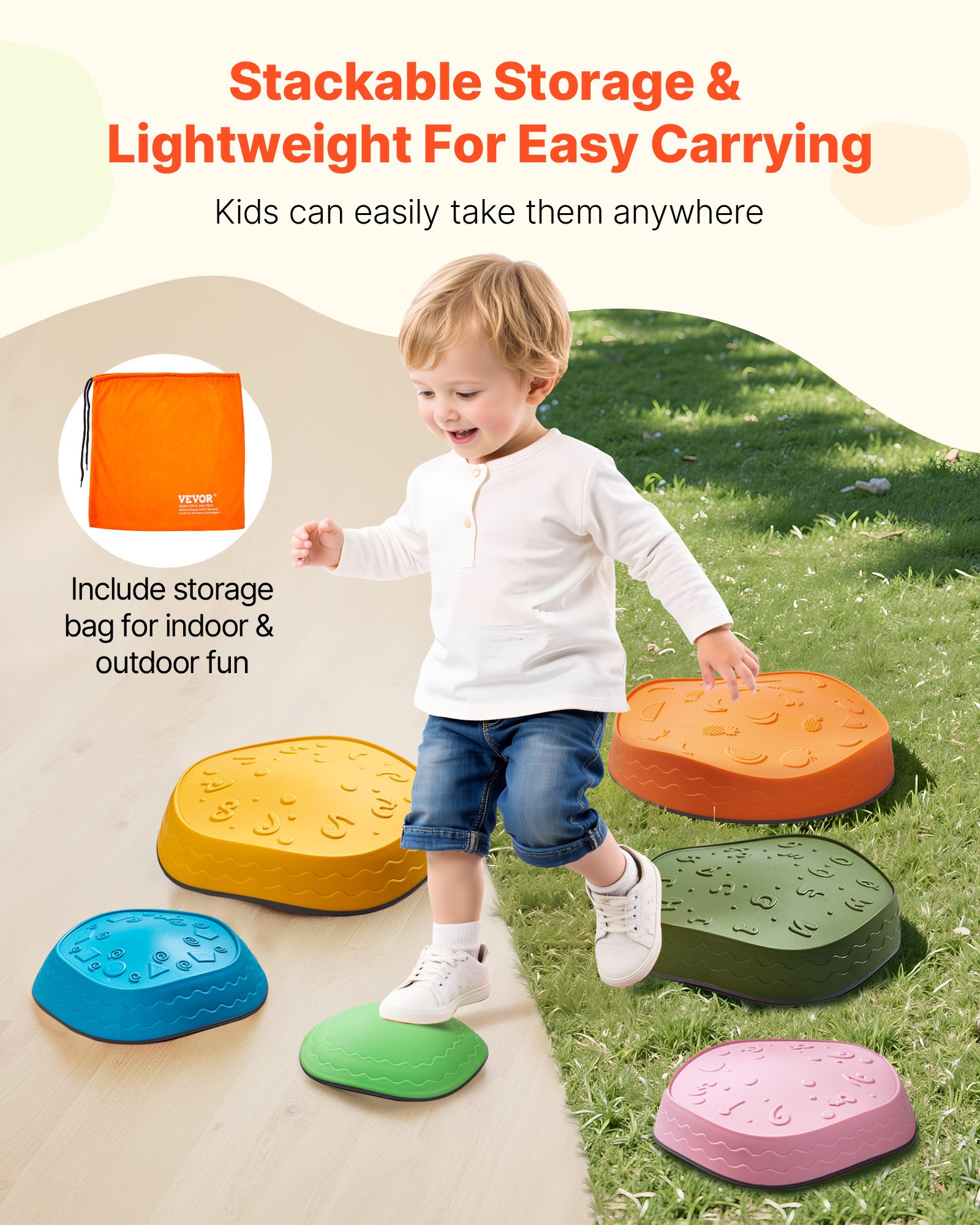 VEVOR - Piedras de equilibrio para niños (6 unidades, hasta 100 kg), antideslizantes, juego de coordinación sensorial para niños pequeños, ideal para interiores y exteriores, para niños de 3, 4, 5, 6, 7 y 8 años en adelante.