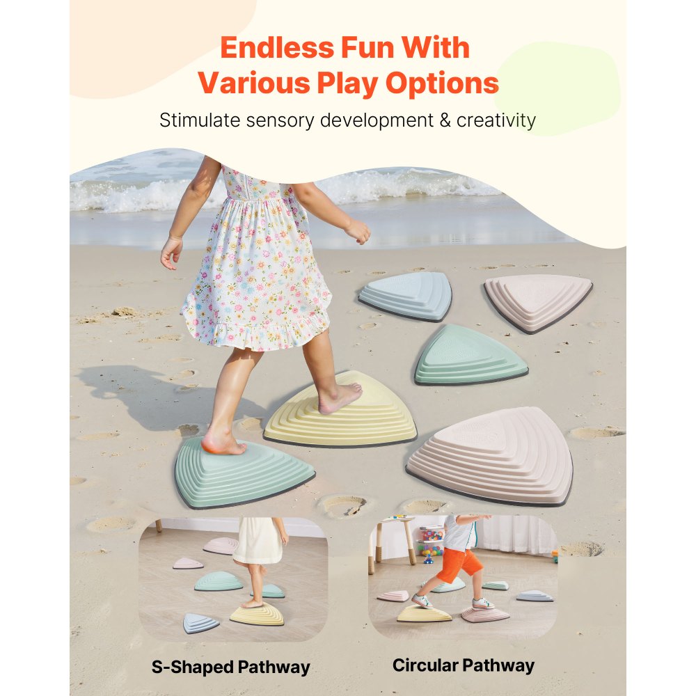 VEVOR Balance Stepping Stones for Kids, 6 PCS, Up to 220 lbs, Non-Slip Toddlers Sensory Stepping Stones, Obstacle Course Coordination Game Toys Indoor or Outdoor Play for Children Aged 3 4 5 6 7 8+