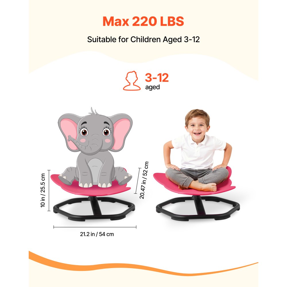 VEVOR Silla Giratoria Infantil Sensorial, Forma de Elefante, hasta 100 kg, con Base Metálica Antideslizante, Favorece la Coordinación, el Equilibrio y la Concentración, Roja, 54 x 54 x 25,5 cm