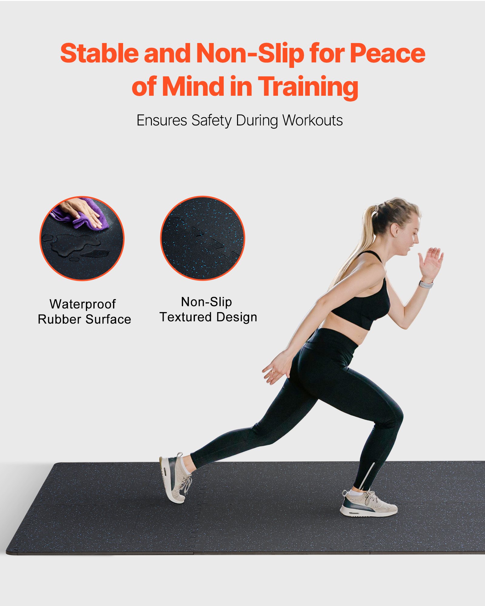 Tapetes para gimnasio VEVOR de 14 mm de grosor, 25 piezas con superficie de goma y espuma EVA, 63,5 x 63,5 cm, cobertura de 9,3 m², tipo rompecabezas entrelazado, ideales para gimnasio, hogar y garaje. Color negro y azul.