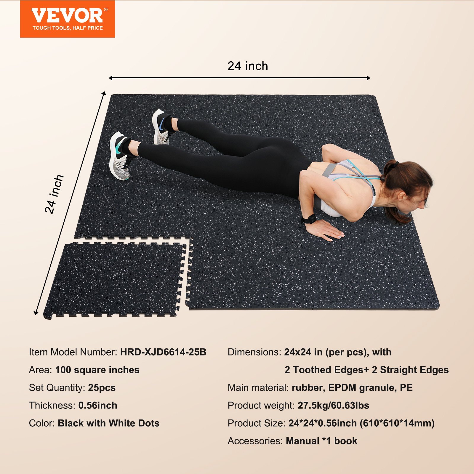 VEVOR 25 alfombrillas de gimnasio de 0,56" de grosor, 24" x 24" de espuma EVA y parte superior de goma entrelazadas para entrenamiento con una cobertura de 100 pies cuadrados, suelo de rompecabezas impermeable para ejercicios de gimnasio, hogar, garaje, sótano, blanco y negro