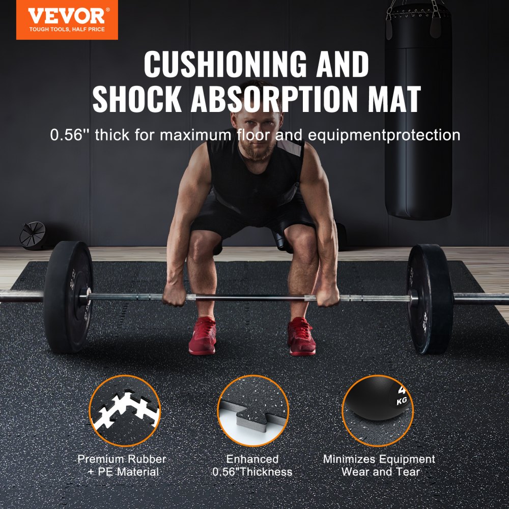 VEVOR - Juego de 6 alfombrillas para gimnasio de 0,56" de grosor, 24" x 24" de espuma EVA y parte superior de goma entrelazadas para entrenamiento con una cobertura de 24 pies cuadrados, suelos de rompecabezas impermeables para ejercicios de gimnasio, hogar, garaje, sótano, color blanco y negro