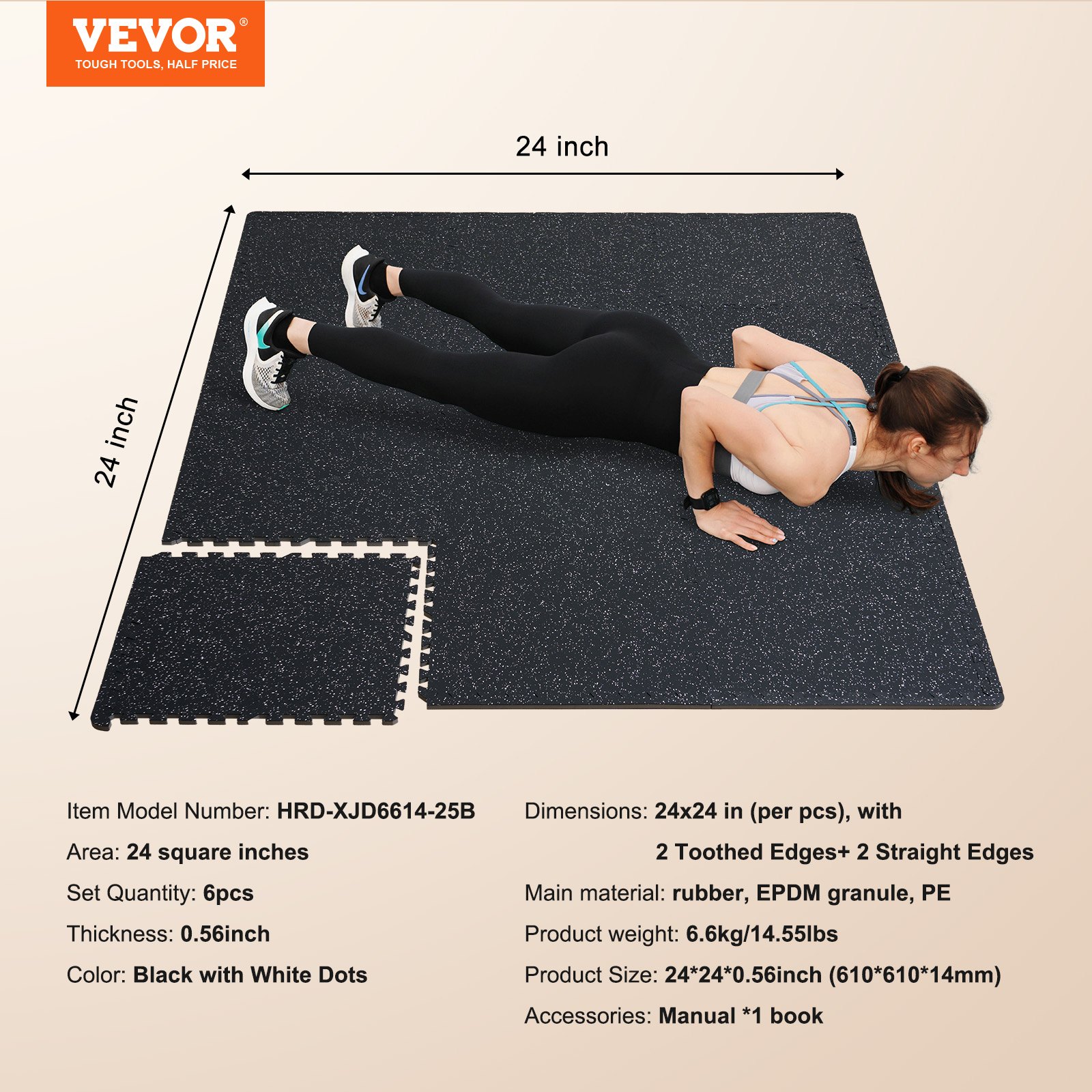VEVOR - Juego de 6 alfombrillas para gimnasio de 0,56" de grosor, 24" x 24" de espuma EVA y parte superior de goma entrelazadas para entrenamiento con una cobertura de 24 pies cuadrados, suelos de rompecabezas impermeables para ejercicios de gimnasio, hogar, garaje, sótano, color blanco y negro