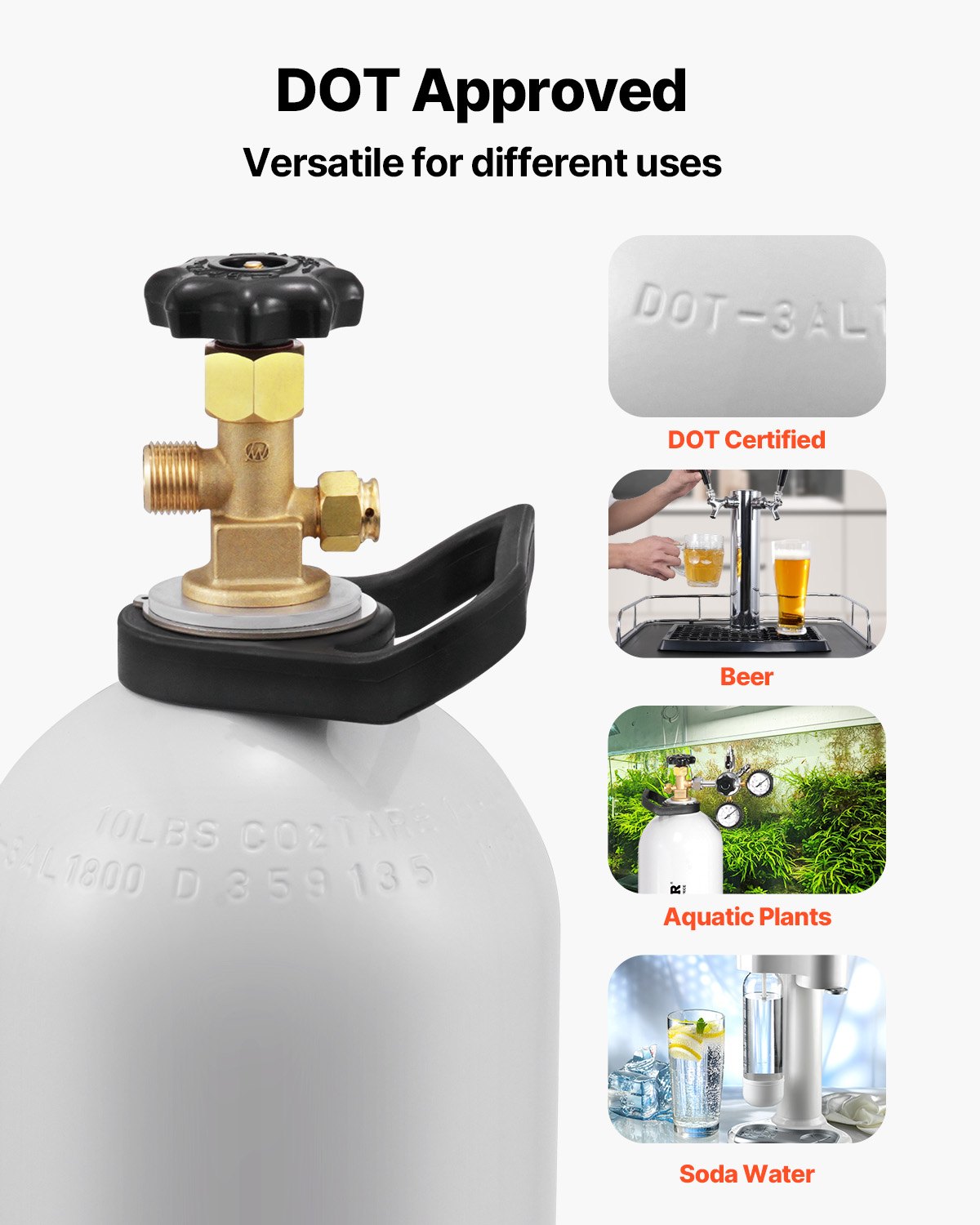 Tanque de CO2 VEVOR, cilindro nuevo de aleación de aluminio de 4,5 kg (10 lb), tanque de aire CO2 con recubrimiento ligero en aerosol, válvula CGA320, asa y presión ajustable, cilindro aprobado por el DOT para dispensación de cerveza de barril y máquinas de refrescos.
