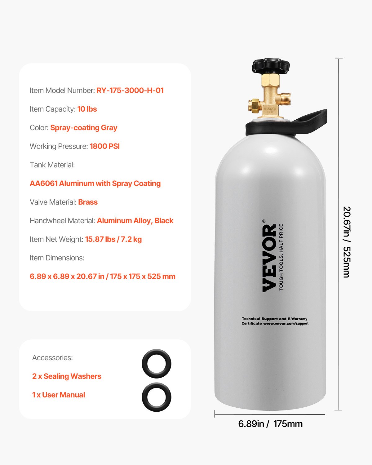 Tanque de CO2 VEVOR, cilindro nuevo de aleación de aluminio de 4,5 kg (10 lb), tanque de aire CO2 con recubrimiento ligero en aerosol, válvula CGA320, asa y presión ajustable, cilindro aprobado por el DOT para dispensación de cerveza de barril y máquinas de refrescos.