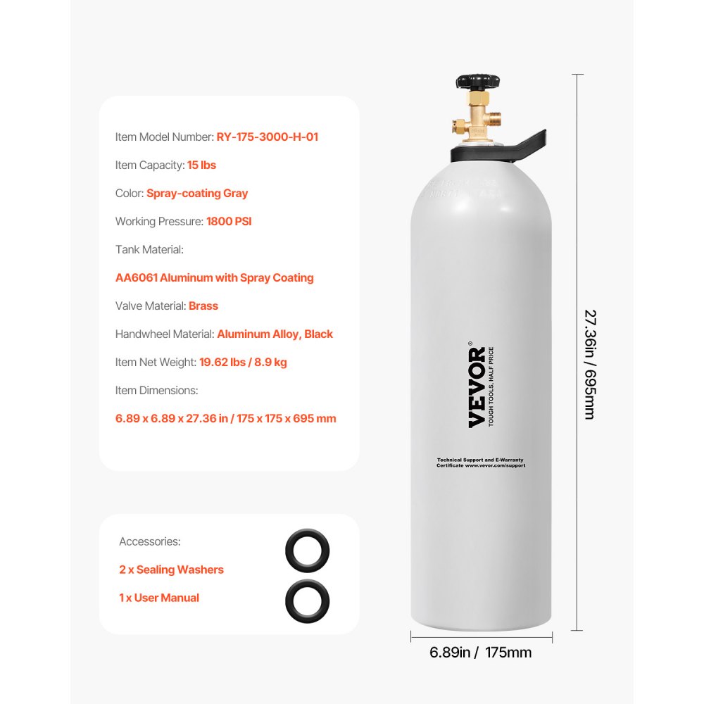 Tanque de CO2 VEVOR, cilindro de aleación de aluminio nuevo de 15 libras, tanque de aire de CO2 con revestimiento de pulverización ligero, válvula CGA320, manija y presión ajustable, cilindro aprobado por DOT para dispensar cerveza de barril y hacer refrescos