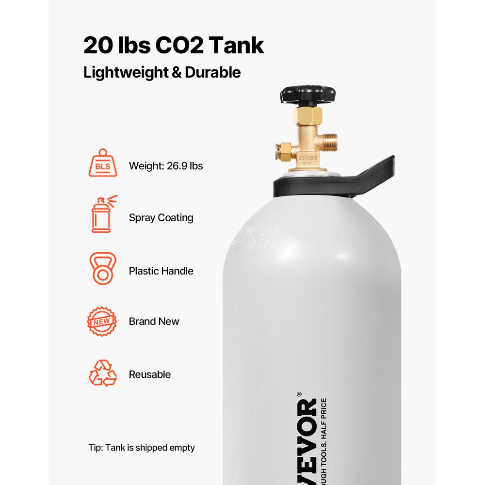 Tanque de CO2 VEVOR, cilindro de aleación de aluminio nuevo de 20 libras, tanque de aire de CO2 con revestimiento de pulverización ligero, válvula CGA320, manija y sifón de cobre morado, cilindro aprobado por DOT para dispensar cerveza de barril y hacer refrescos