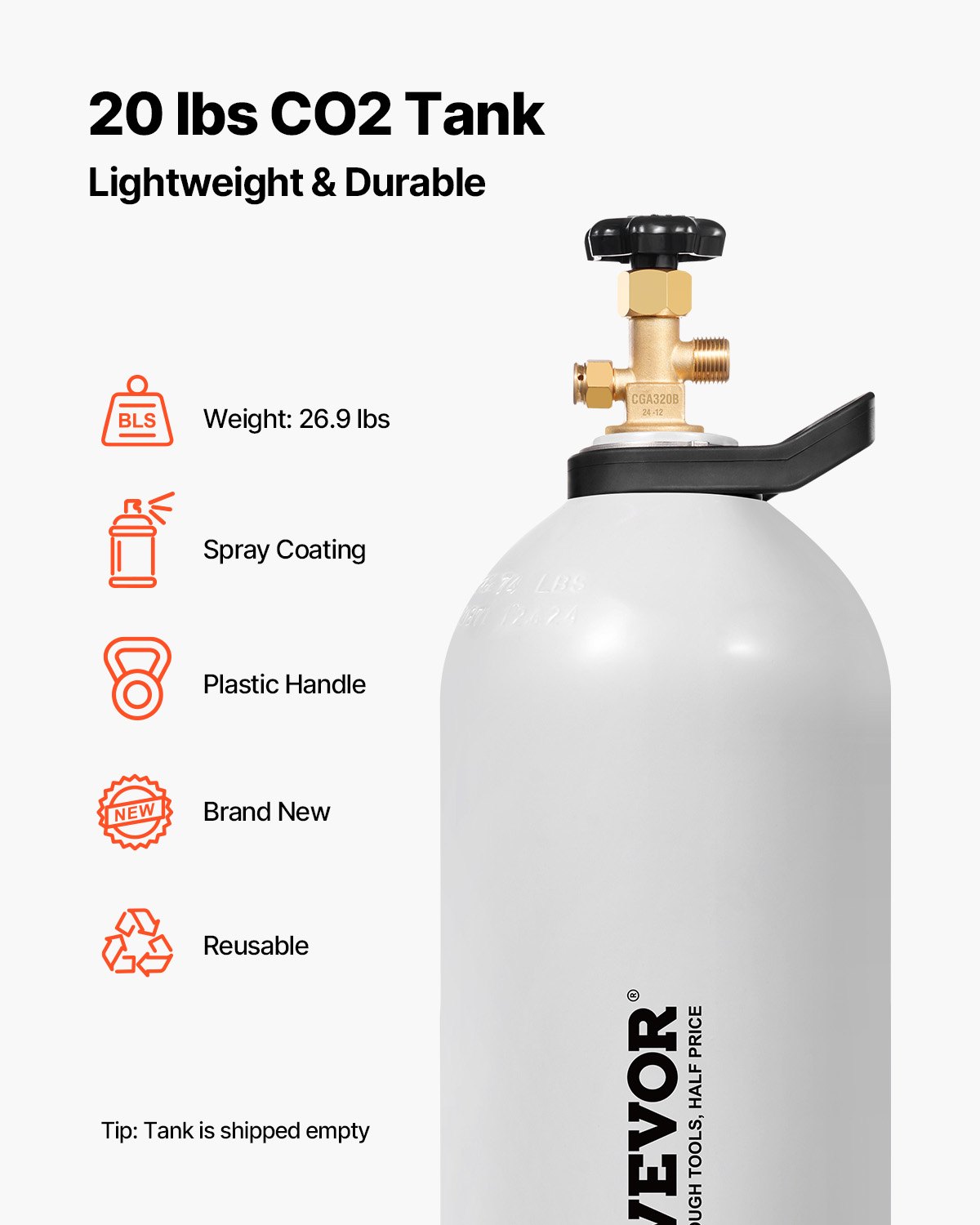 Tanque de CO2 VEVOR, cilindro de aleación de aluminio nuevo de 20 libras, tanque de aire de CO2 con revestimiento de pulverización ligero, válvula CGA320, manija y sifón de cobre morado, cilindro aprobado por DOT para dispensar cerveza de barril y hacer refrescos