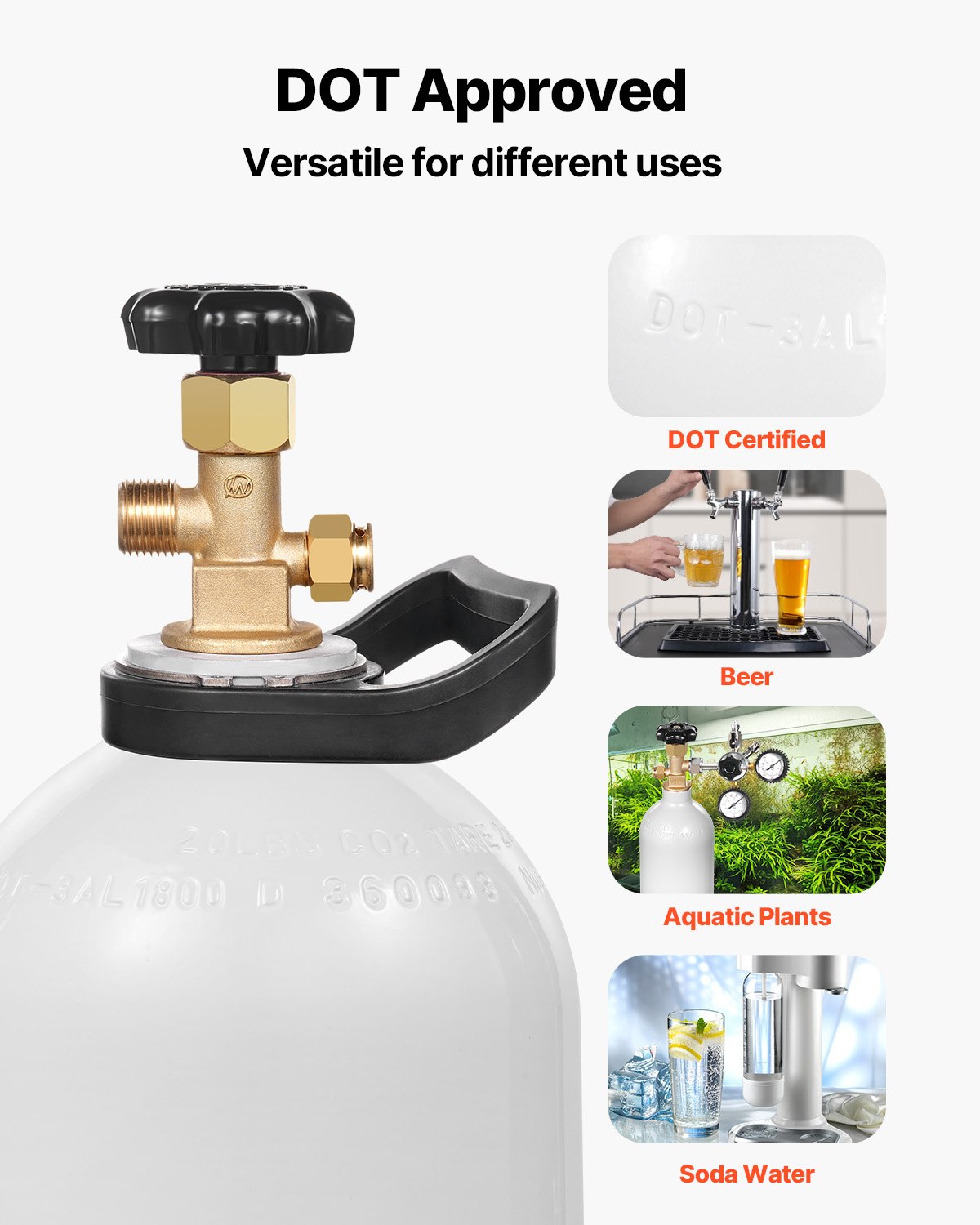 Tanque de CO2 VEVOR, cilindro de aleación de aluminio nuevo de 20 libras, tanque de aire de CO2 con revestimiento de pulverización ligero, válvula CGA320, manija y sifón de cobre morado, cilindro aprobado por DOT para dispensar cerveza de barril y hacer refrescos