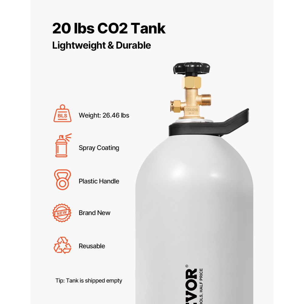 Tanque de CO2 VEVOR, cilindro de aleación de aluminio nuevo de 20 libras, tanque de aire de CO2 con revestimiento en aerosol, válvula CGA320, manija y presión ajustable, cilindro aprobado por DOT y TC para dispensar cerveza de barril y hacer refrescos