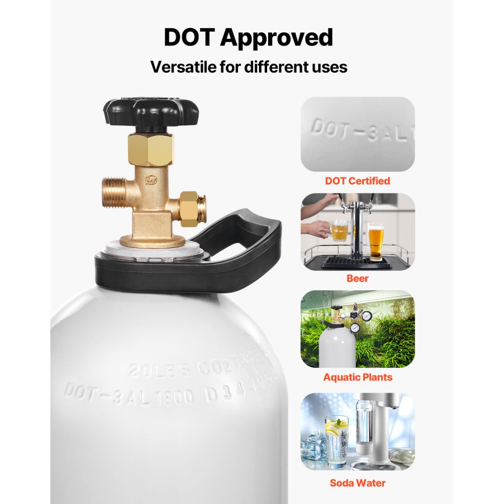 Tanque de CO2 VEVOR, cilindro de aleación de aluminio nuevo de 20 libras, tanque de aire de CO2 con revestimiento en aerosol, válvula CGA320, manija y presión ajustable, cilindro aprobado por DOT y TC para dispensar cerveza de barril y hacer refrescos