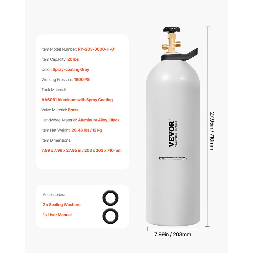 Tanque de CO2 VEVOR, cilindro de aleación de aluminio nuevo de 20 libras, tanque de aire de CO2 con revestimiento en aerosol, válvula CGA320, manija y presión ajustable, cilindro aprobado por DOT y TC para dispensar cerveza de barril y hacer refrescos