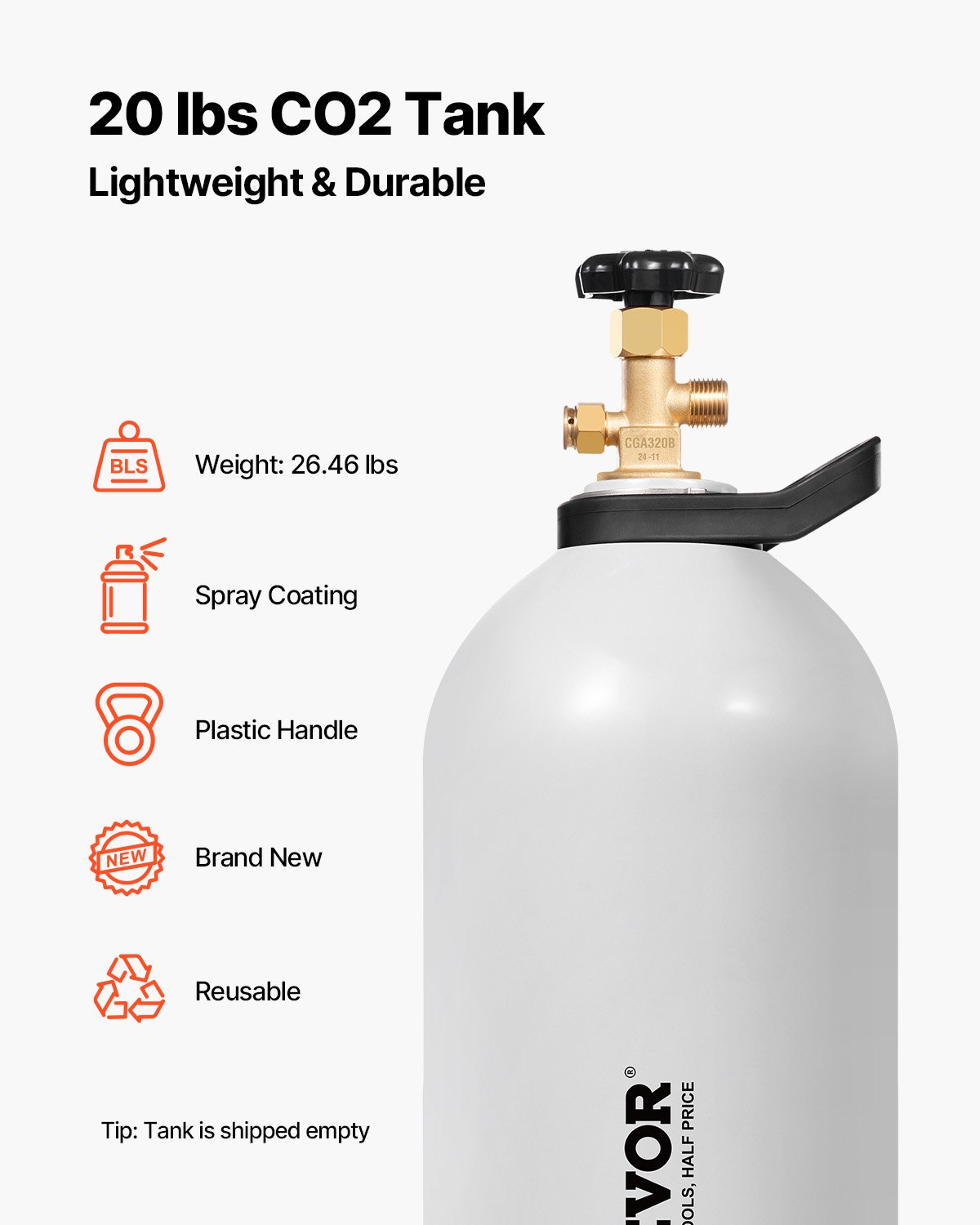 Tanque de CO2 VEVOR, cilindro de aleación de aluminio nuevo de 20 libras, tanque de aire de CO2 con revestimiento en aerosol, válvula CGA320, manija y presión ajustable, cilindro aprobado por DOT y TC para dispensar cerveza de barril y hacer refrescos