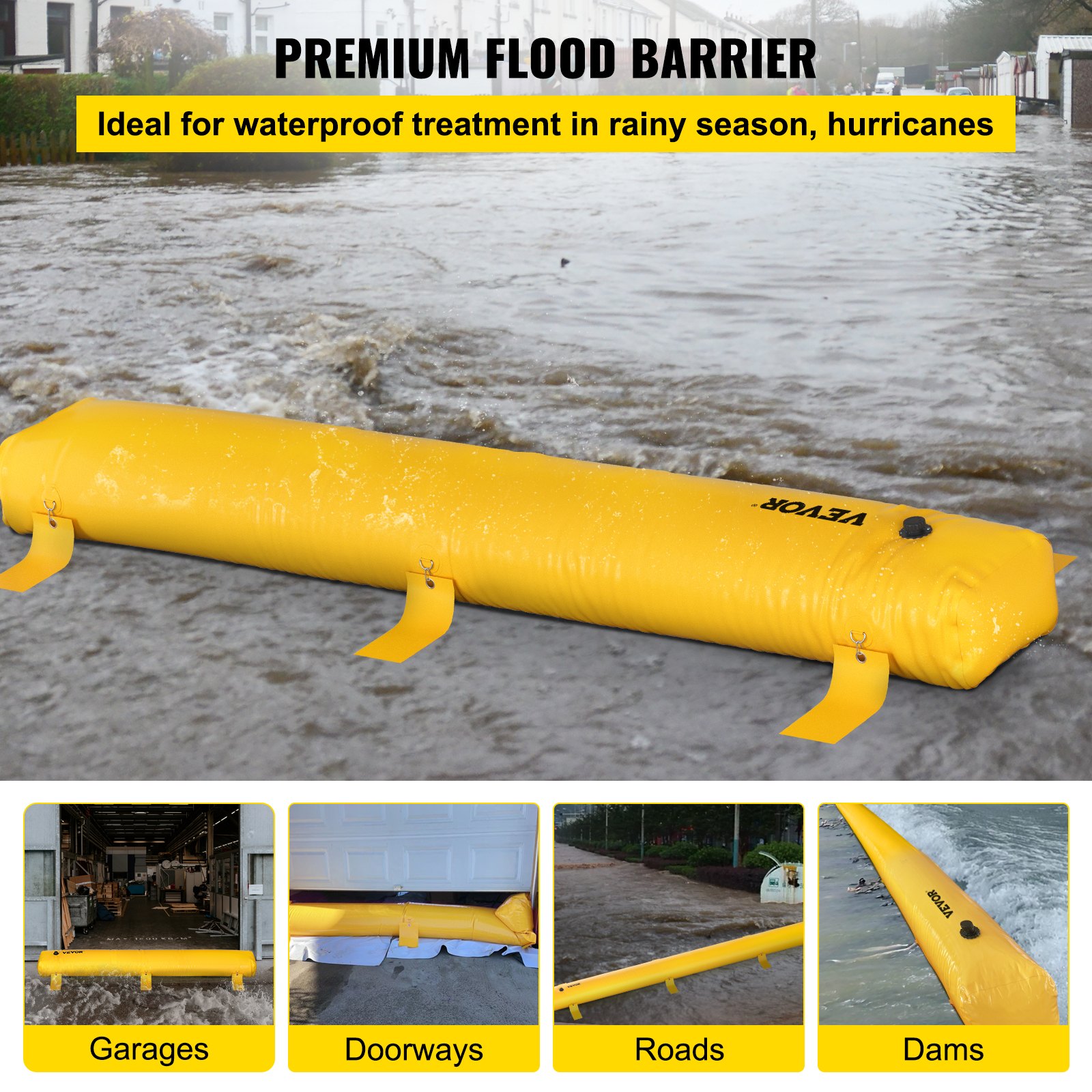 Barrera antiinundaciones VEVOR premium amarilla en uso, ideal para garajes, puertas, caminos y presas durante inundaciones.